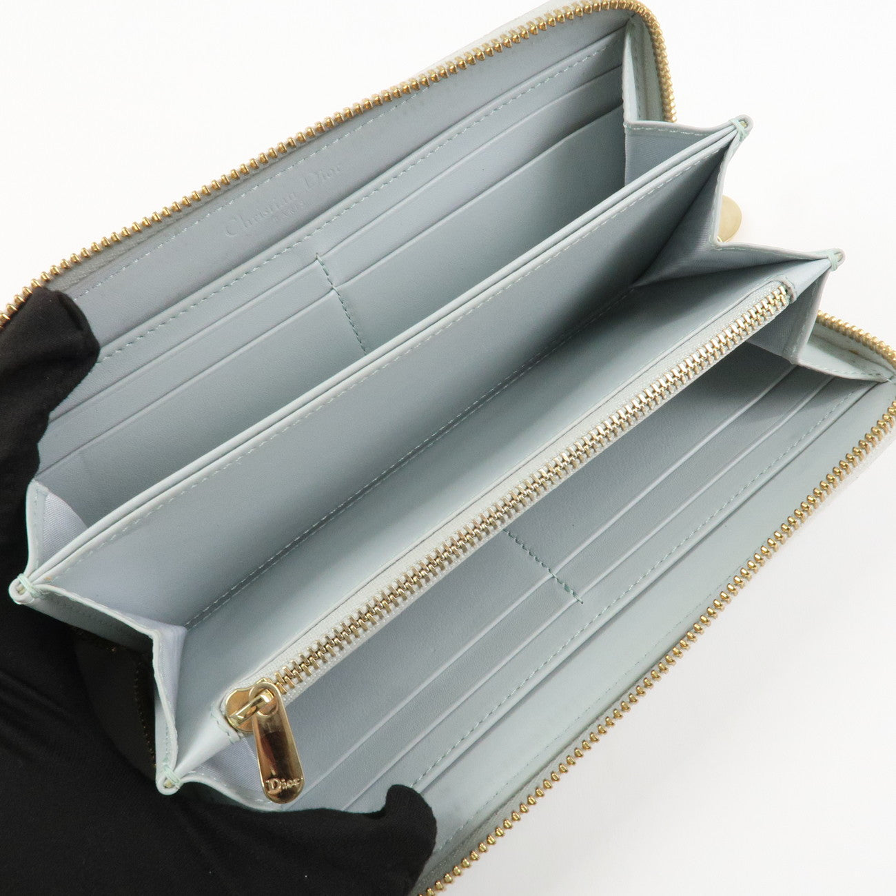 Christian Dior Cannage Patent Leather Zippy Long Wallet Light Blue Used