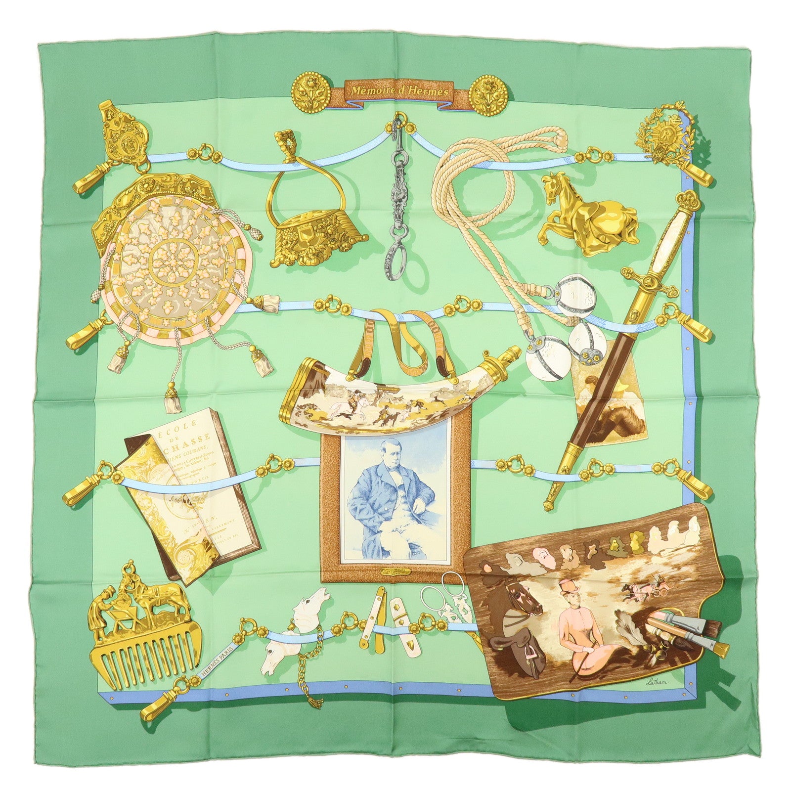 HERMES Carre 90 Silk 100% Memoire d'Hermes Scarf Green Brown Gold