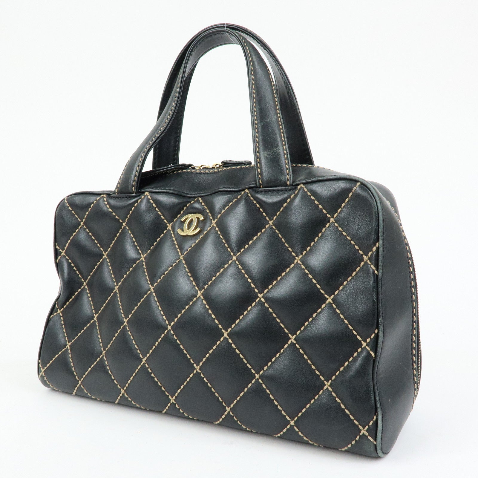 CHANEL Wild Stitch COCO Mark Calf Leather Boston Bag Black A18121