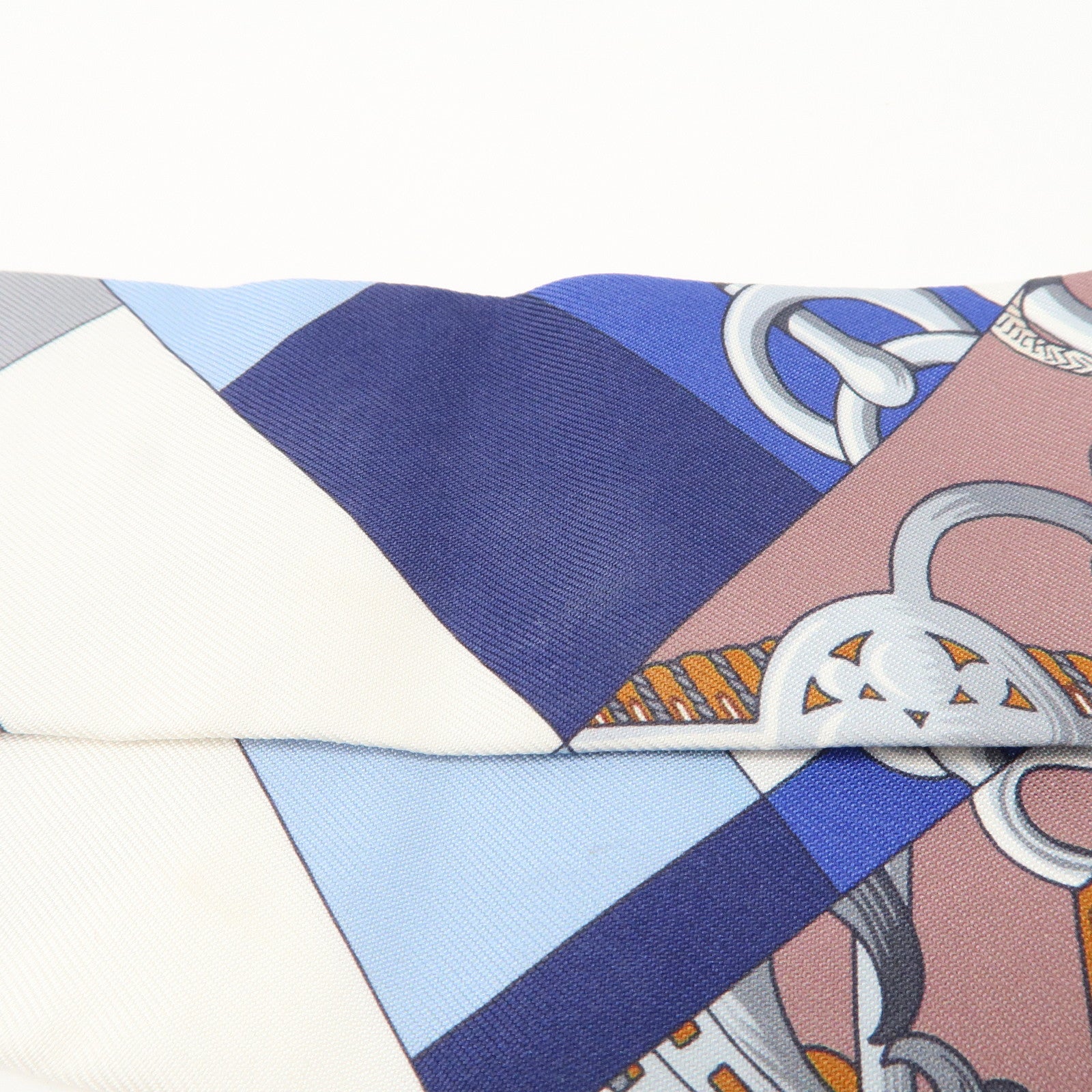 HERMES Silk 100％ Twilly Scarf Qliquetis Navy White Blue Gray