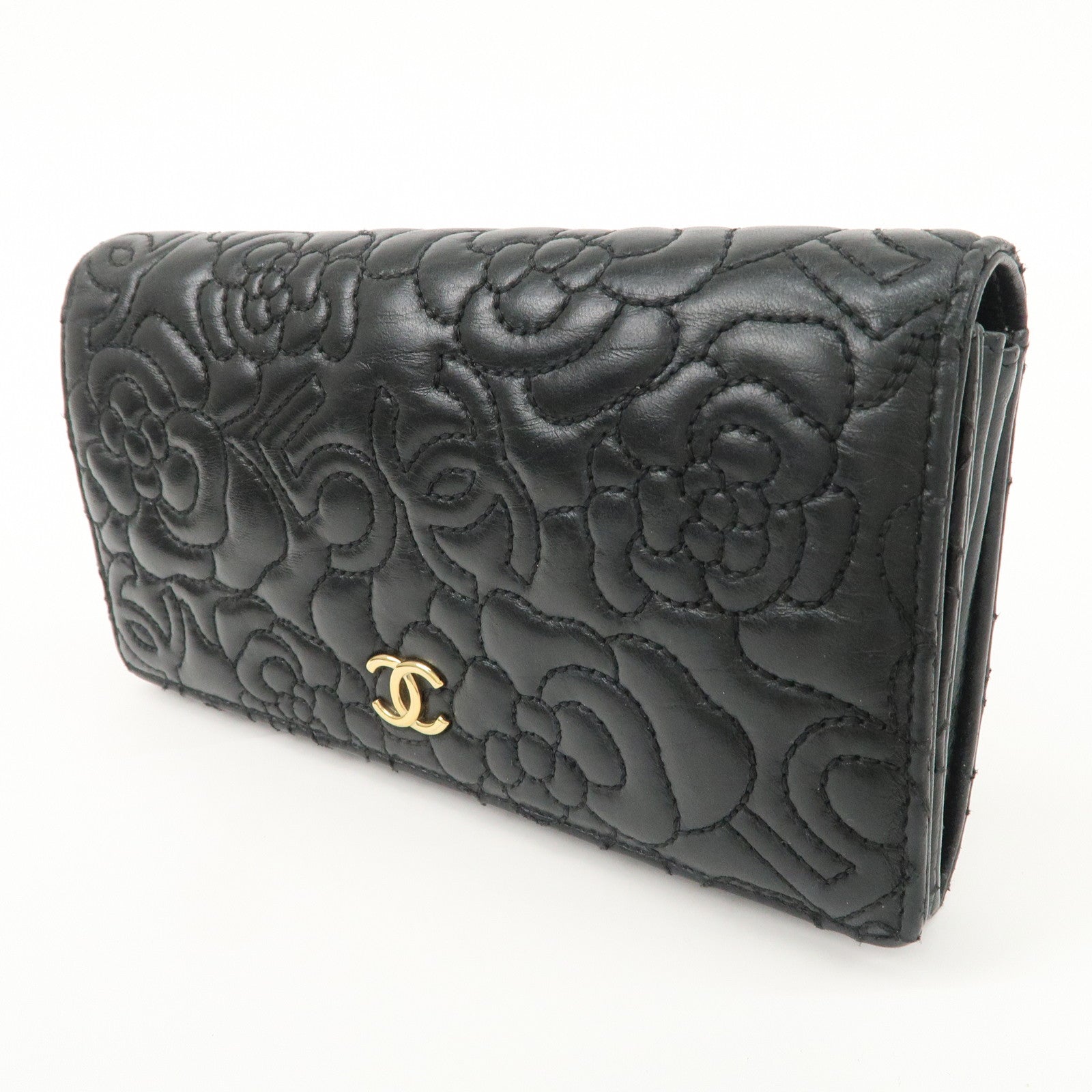 CHANEL Camelia No.5 COCO Mark Lamb Skin Bi-fold Long Wallet A70619 Used