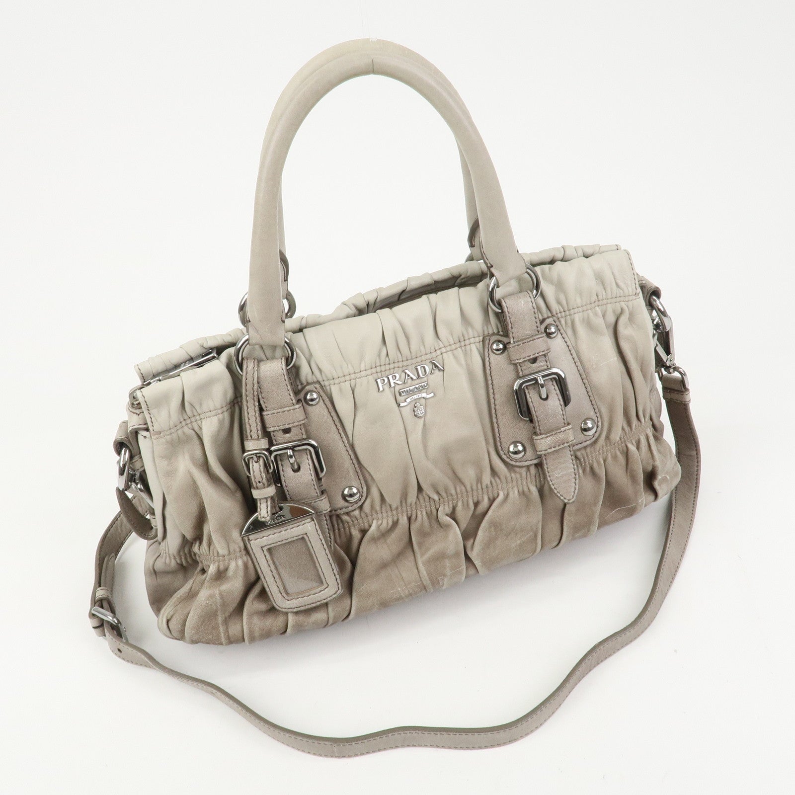 PRADA Leather Gathered 2Way Bag Hand Bag Shoulder Bag Gray BN1407
