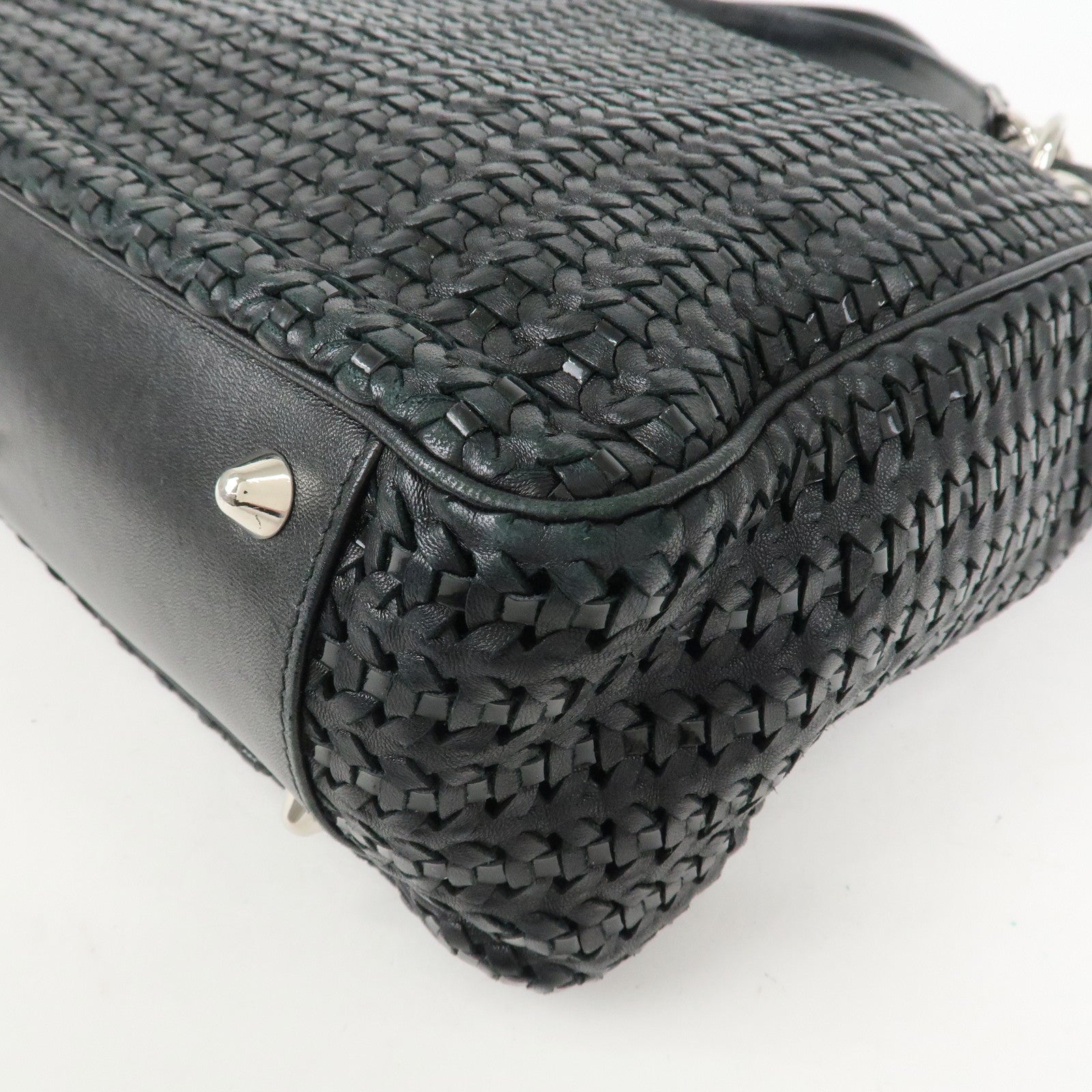 Christian Dior Woven Leather Logo Charm Chain Tote Bag Black