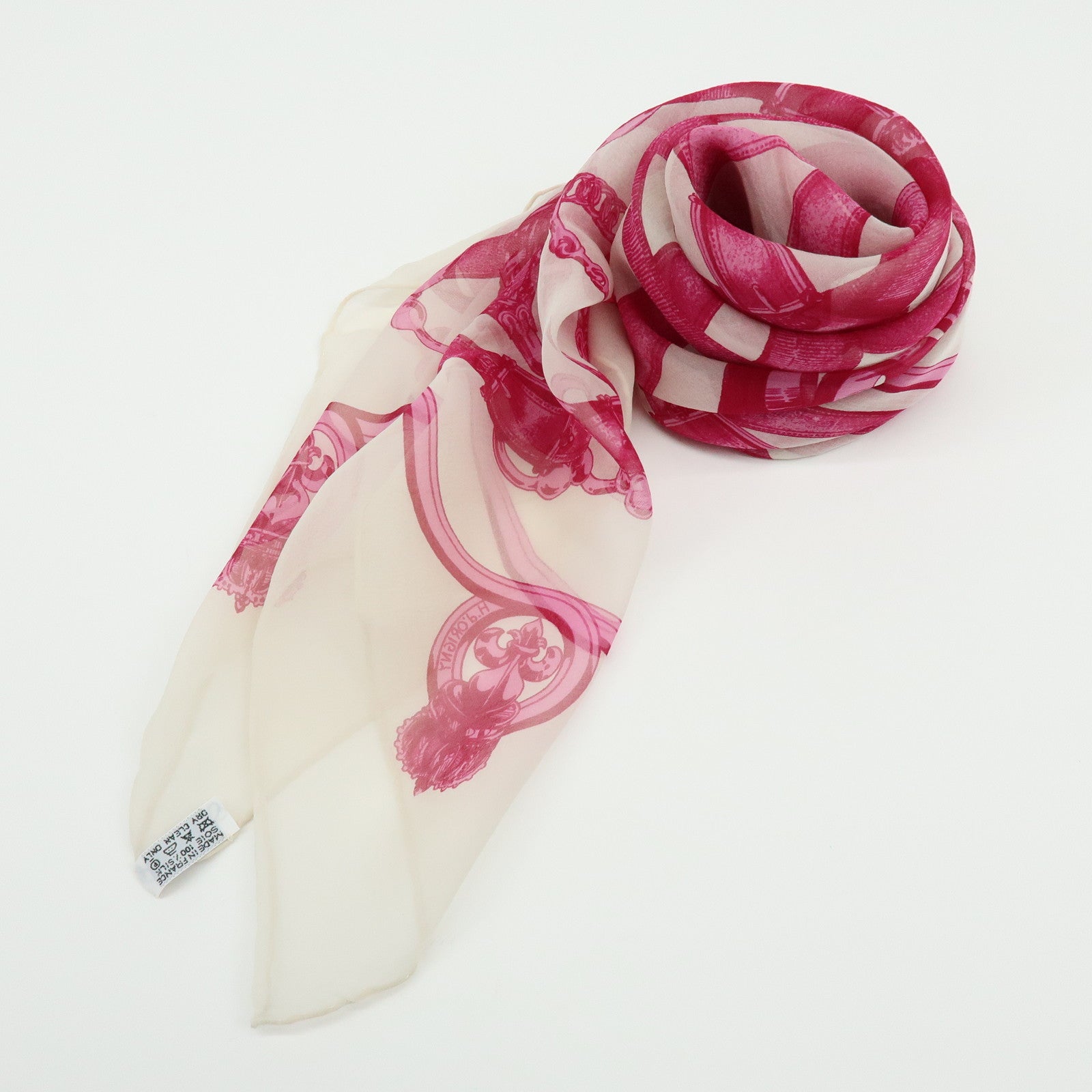 HERMES Carre 90 Silk 100% Scarf CAVALCADOUR Chain Belt Pink Ivory