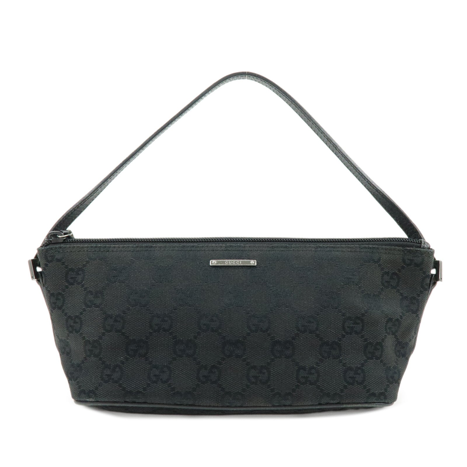 GUCCI Boat Bag GG Canvas Leather Hand Bag Pouch Black 07198