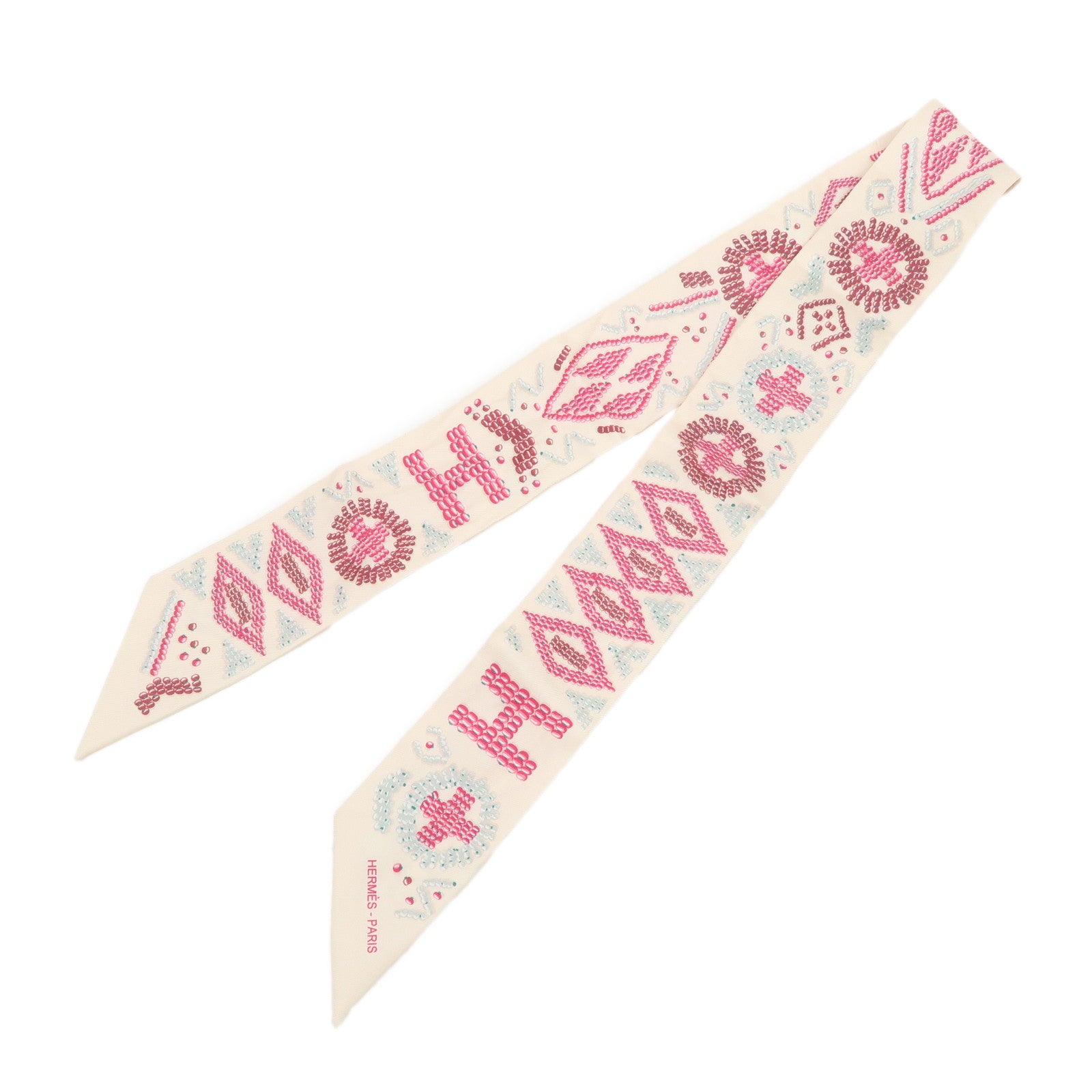 HERMES Twilly Silk 100% KELLY EN PERLES Scarf Ivory Pink