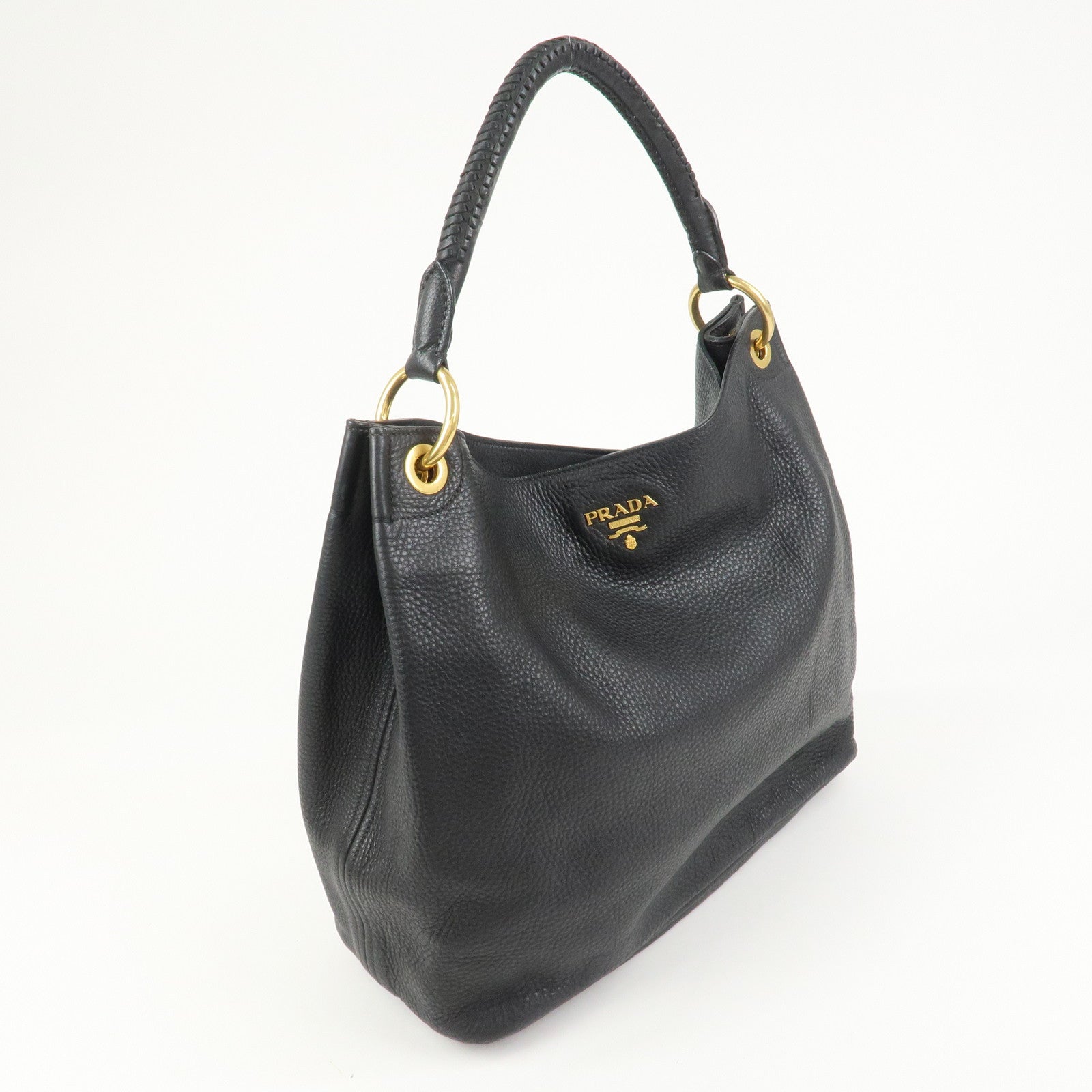 PRADA Logo Leather Shoulder Bag Hand Bag Black