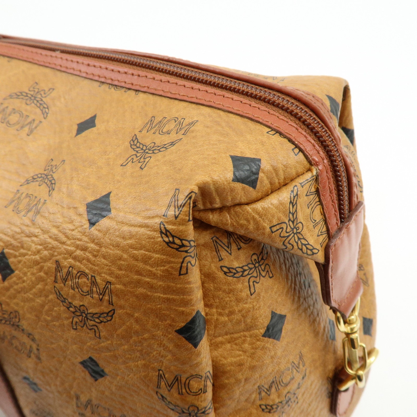 MCM Visetos PVC Leather Tote Bag Boston Bag Hand Bag Cognac Brown