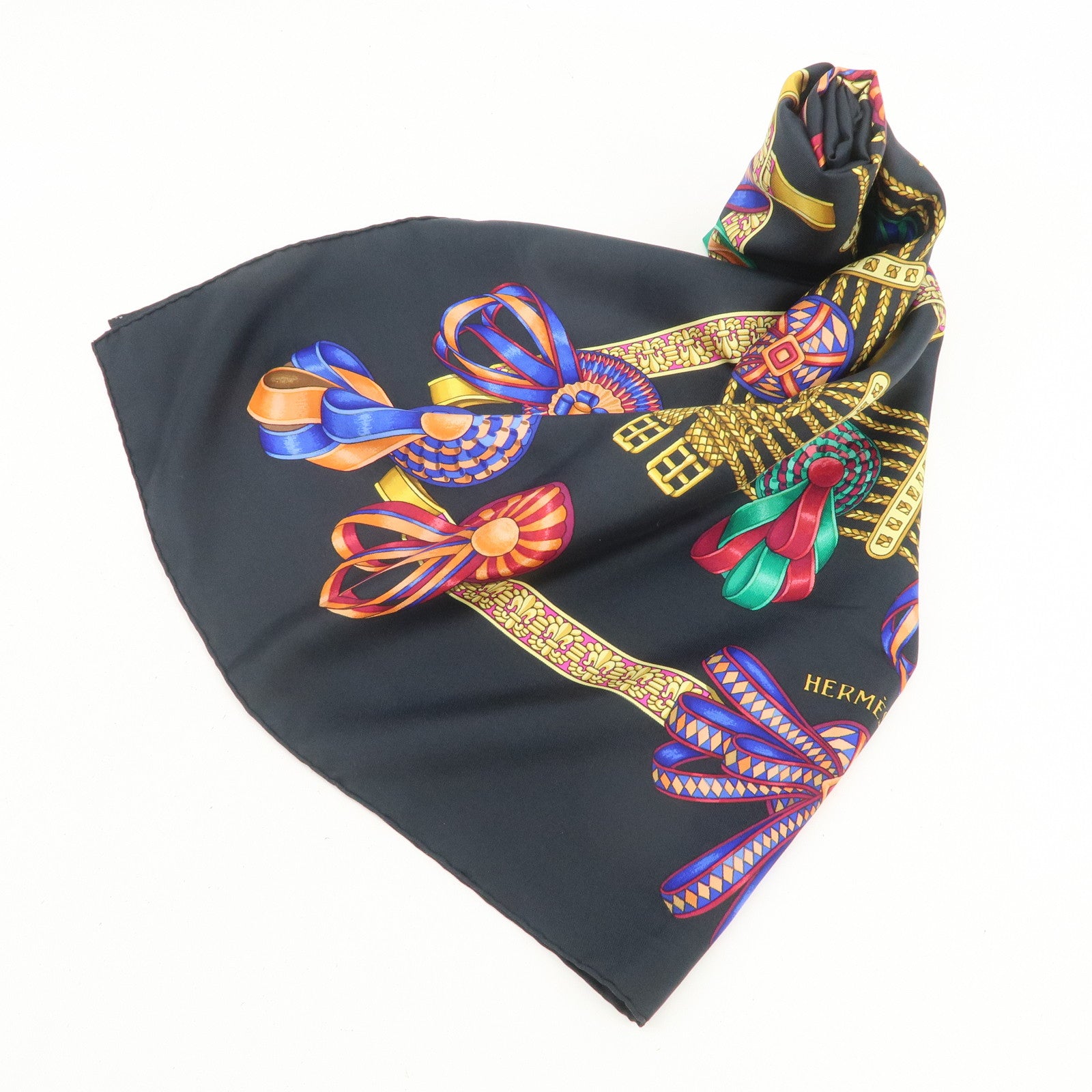 HERMES Carre 90 Silk 100% LES RUBANS DU CHEVAL Scarf Black