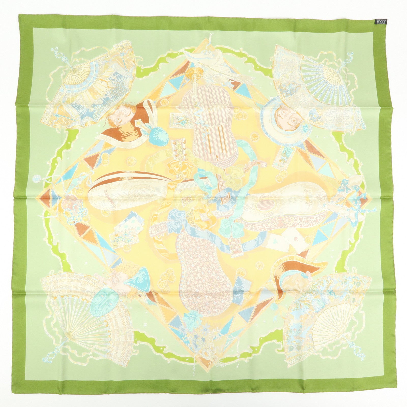 HERMES Carre90 Silk100% Scarf Mon Ami Pierrot Green Yellow Beige