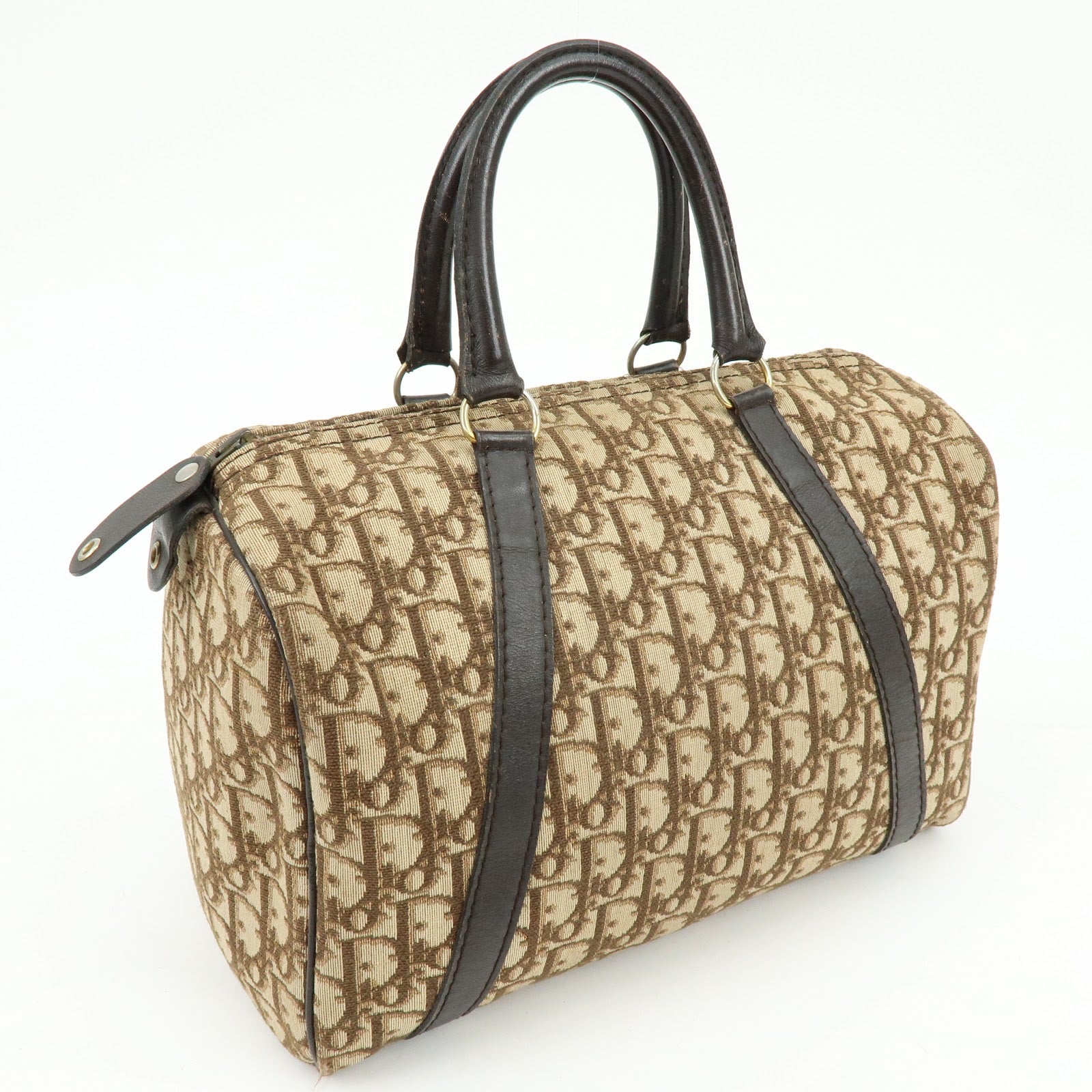 Christian Dior Trotter Jacquard Canvas Leather Boston Bag Brown