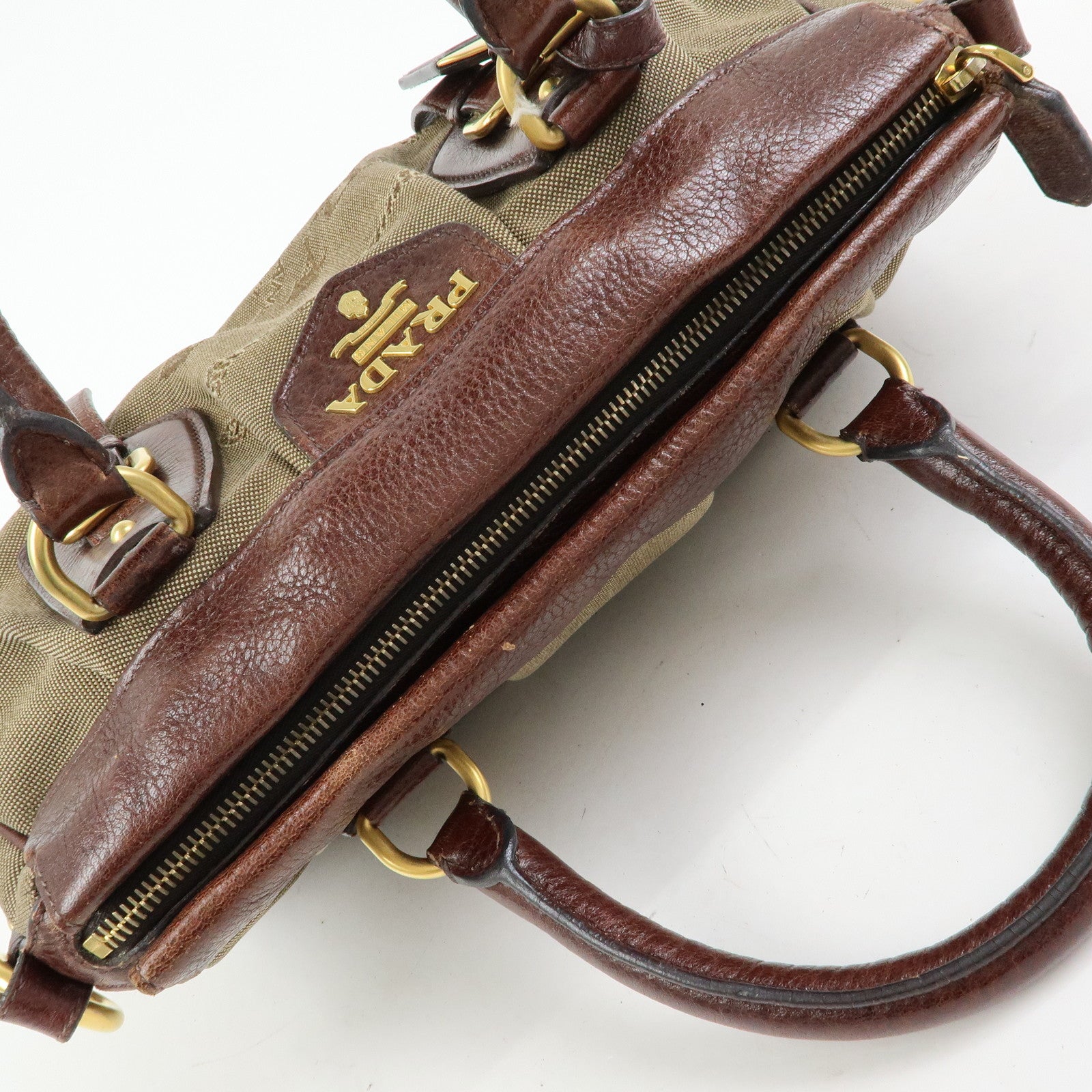 PRADA Logo Jacquard Leather 2Way Bag Hand Bag Shoulder Bag Brown