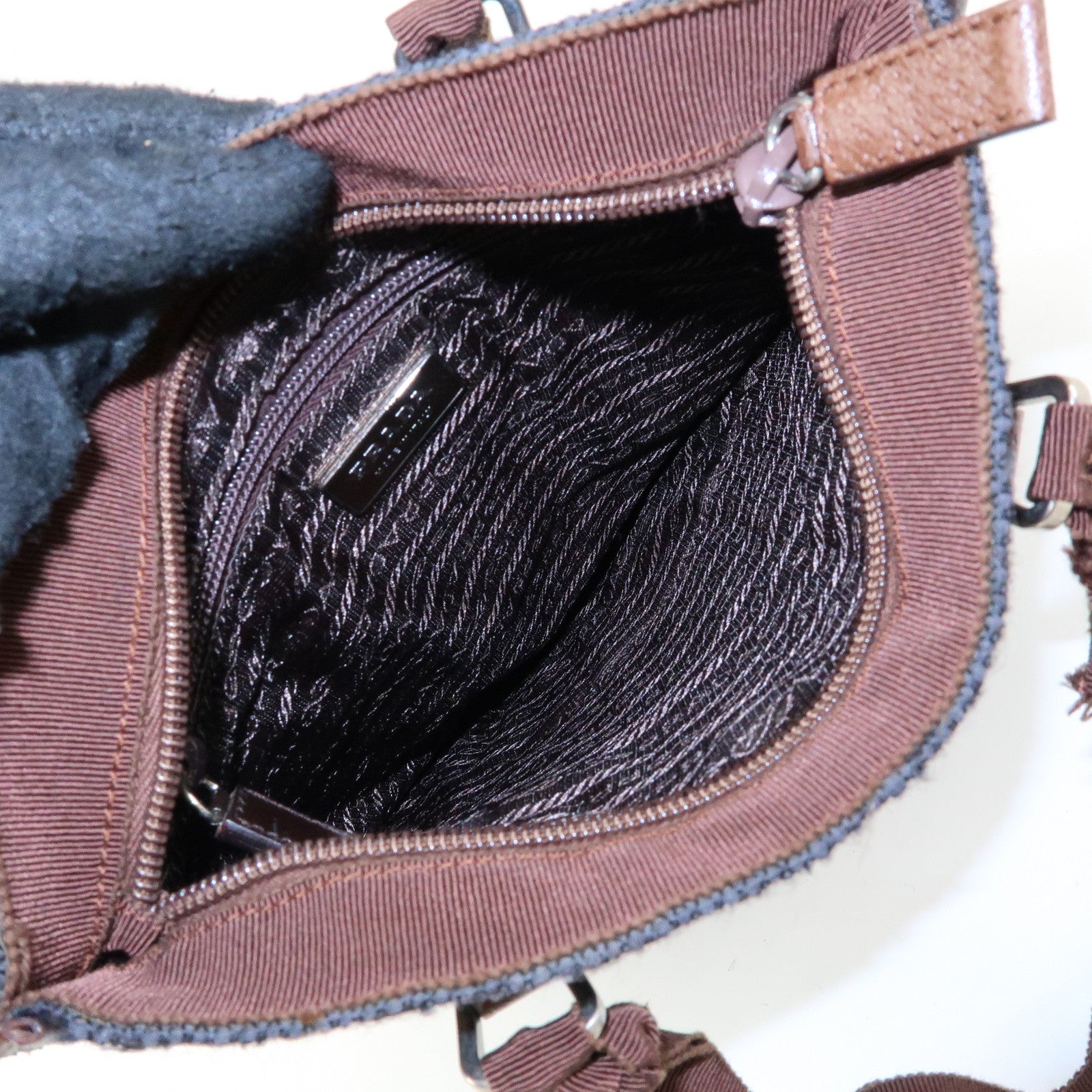 PRADA Triangle Logo Tweed Canvas Hand Bag Brown Black B11268