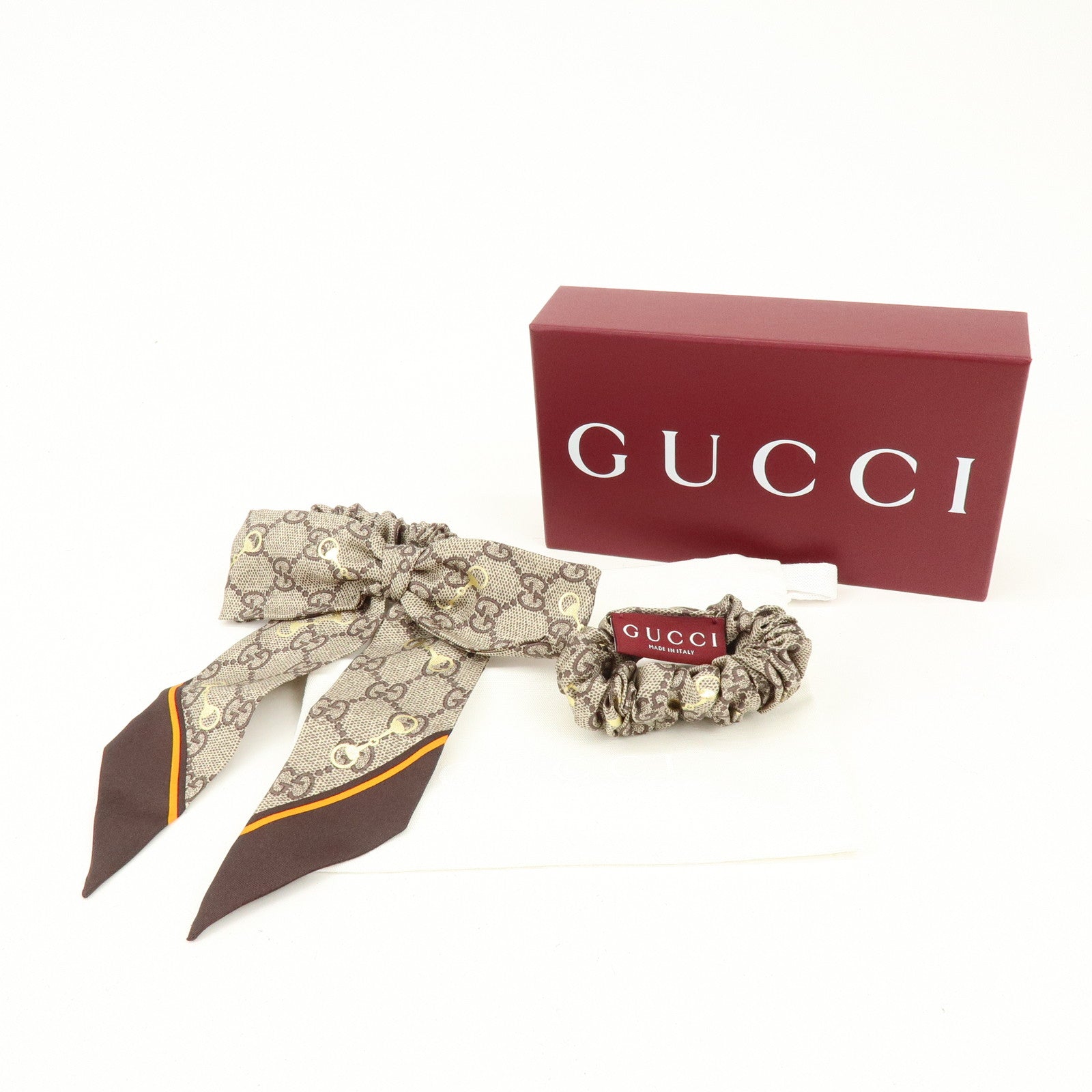 GUCCI Horsebit Silk 100% Scrunchie Hair Accessory Gray Beige Brown