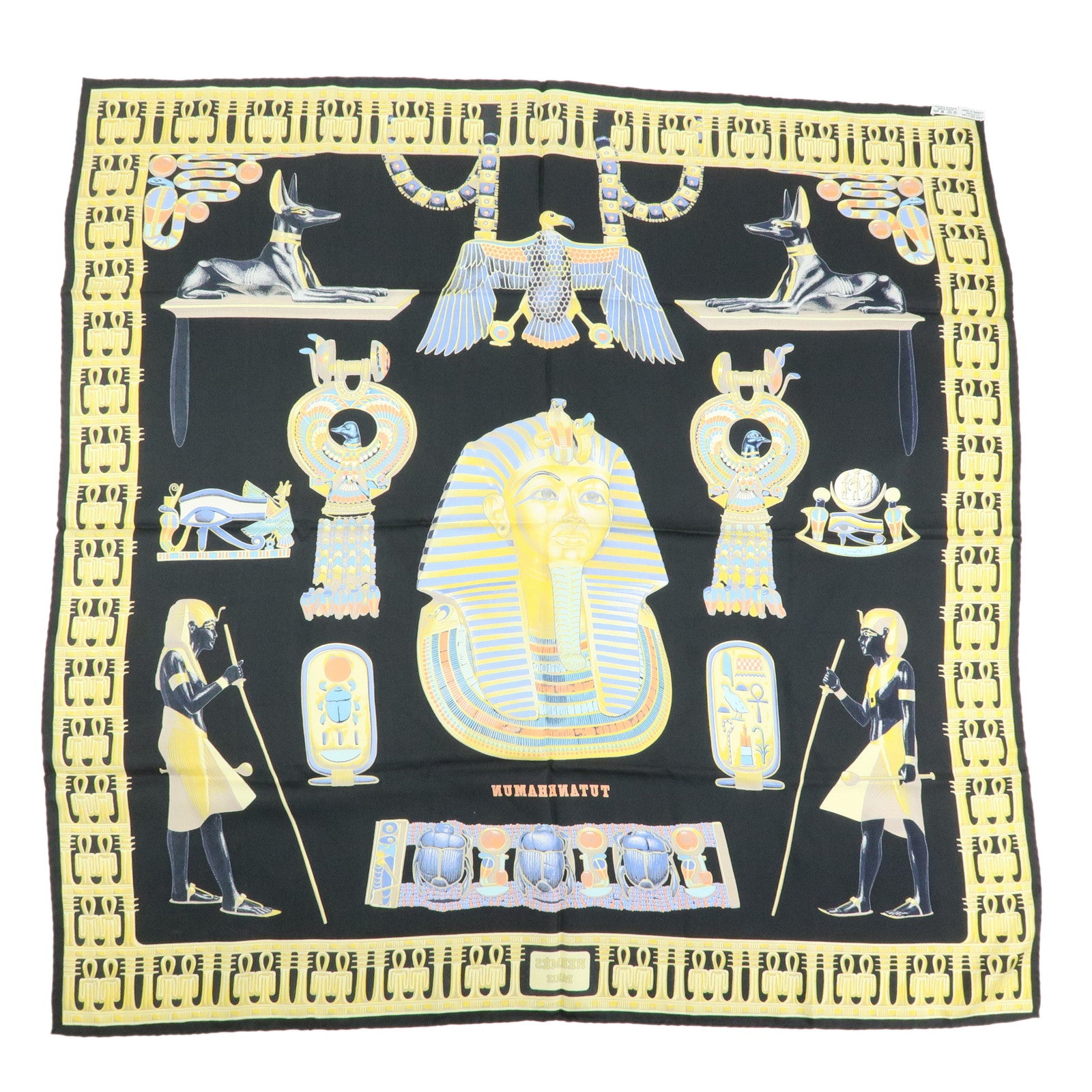 HERMES Carre 90 Silk 100% TUTANKHAMUN Scarf Gold Black