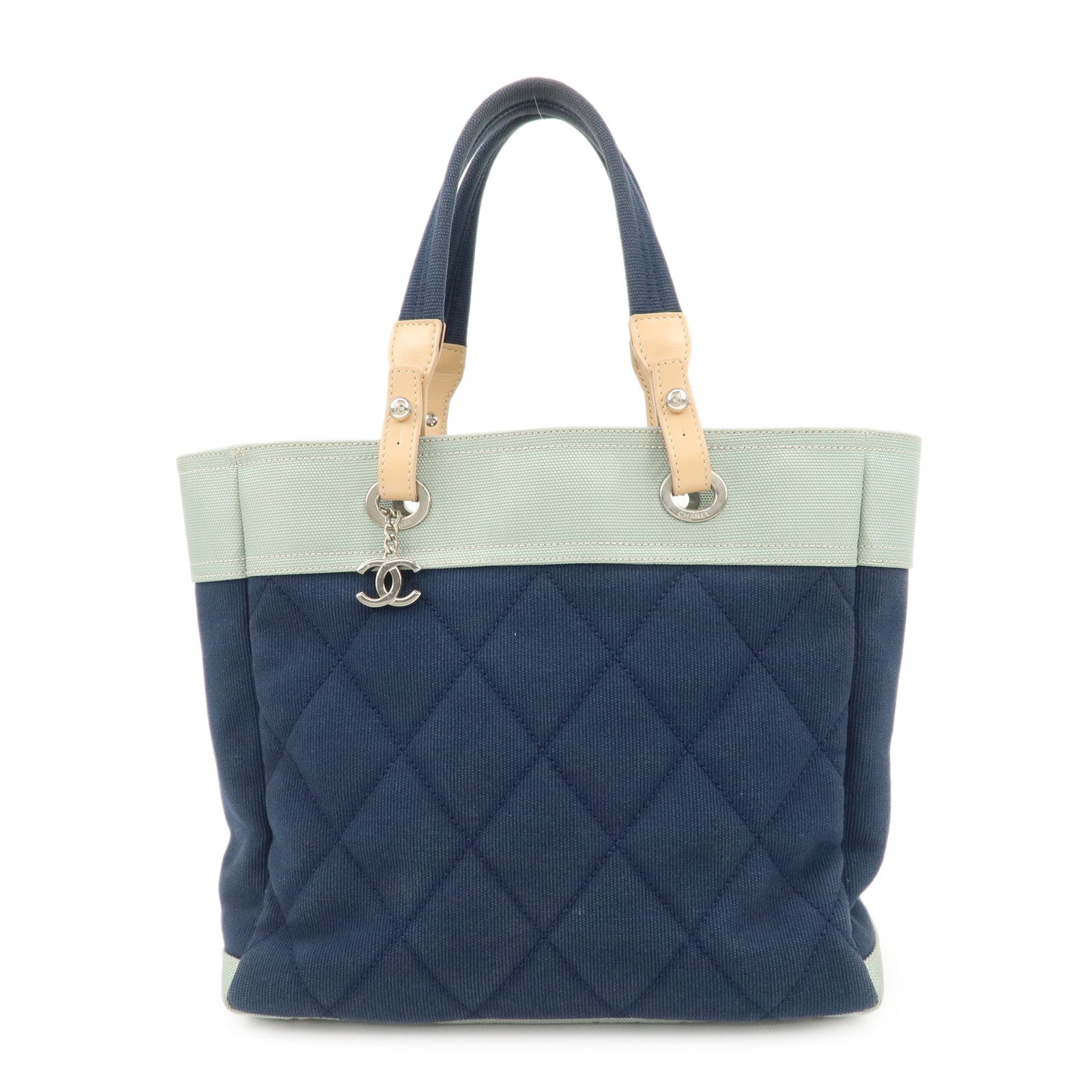 CHANEL Paris Biarritz Canvas Leather Tote Bag MM Navy A43209