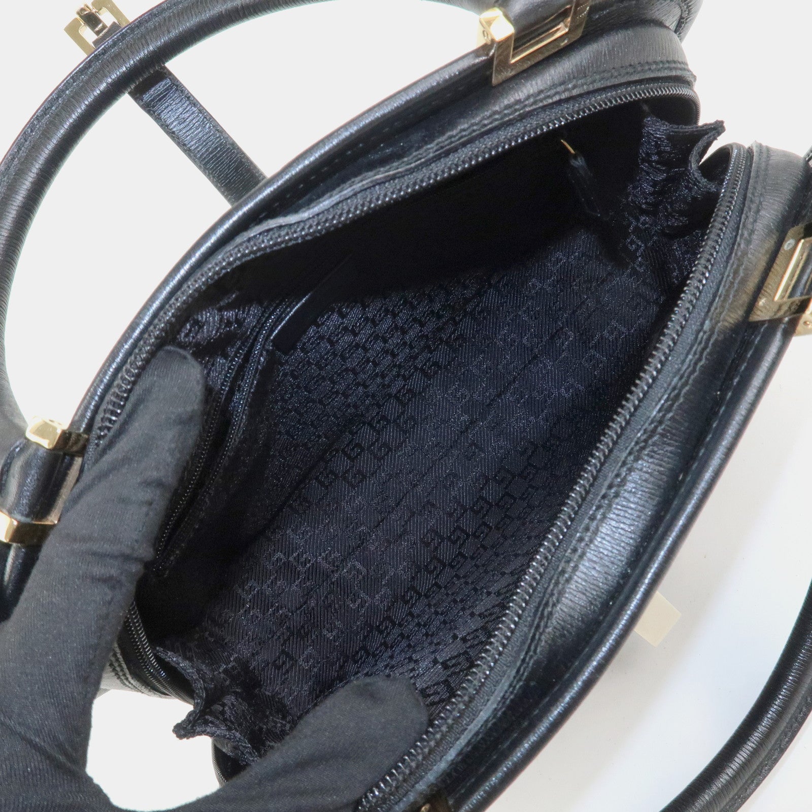 GUCCI Jackie Leather Hand Bag Tote Bag Black Gold 002.1071