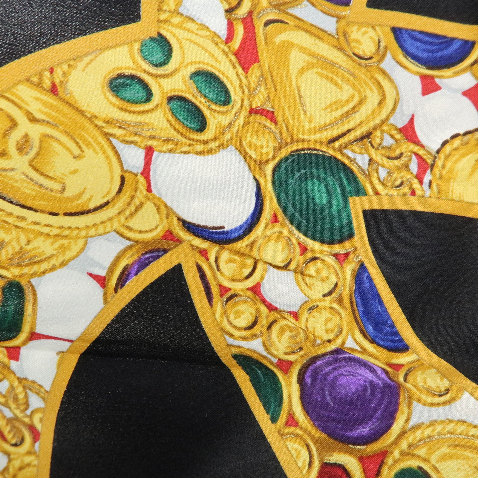 CHANEL COCO Mark Jewelry Silk 100% Scarf Black Yellow Multicolor