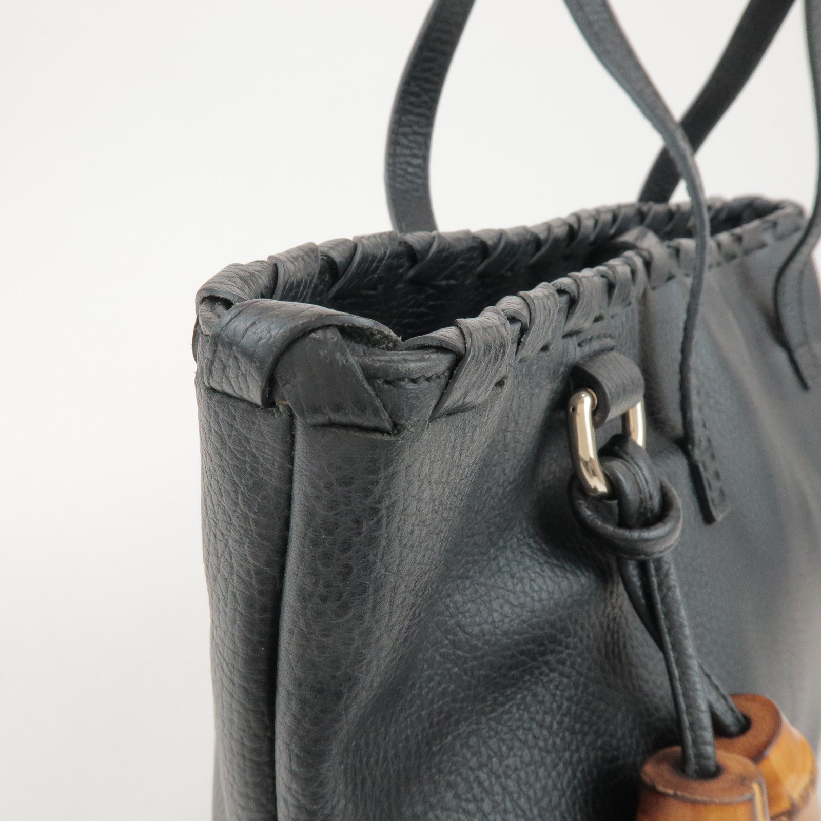 GUCCI Bamboo Leather Tote Shoulder Bag Tassel Charm Black 354665