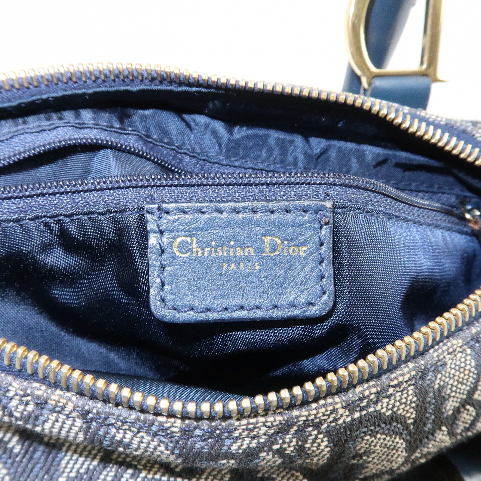 Christian Dior Oblique Canvas Leather Boston Bag Hand Bag Navy