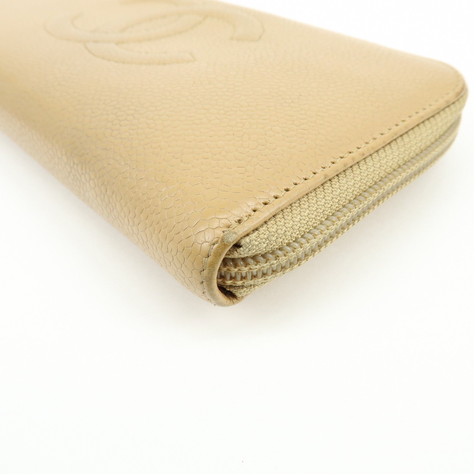 CHANEL Caviarskin Round Zippy Wallet Long Wallet Beige A13228