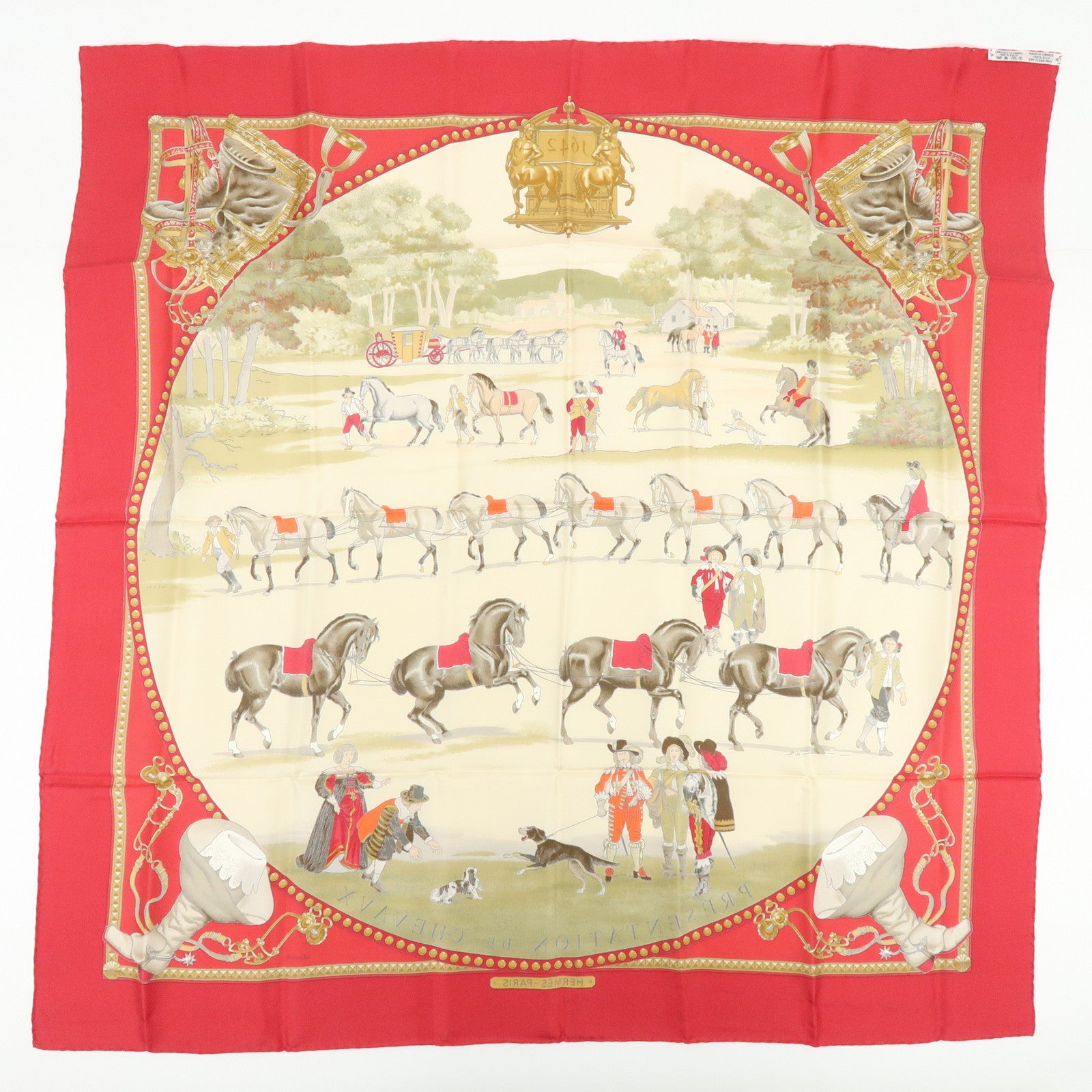HERMES Carre 90 Silk 100% Scarf PRESENTATION DE CHEVAVX Beige Red