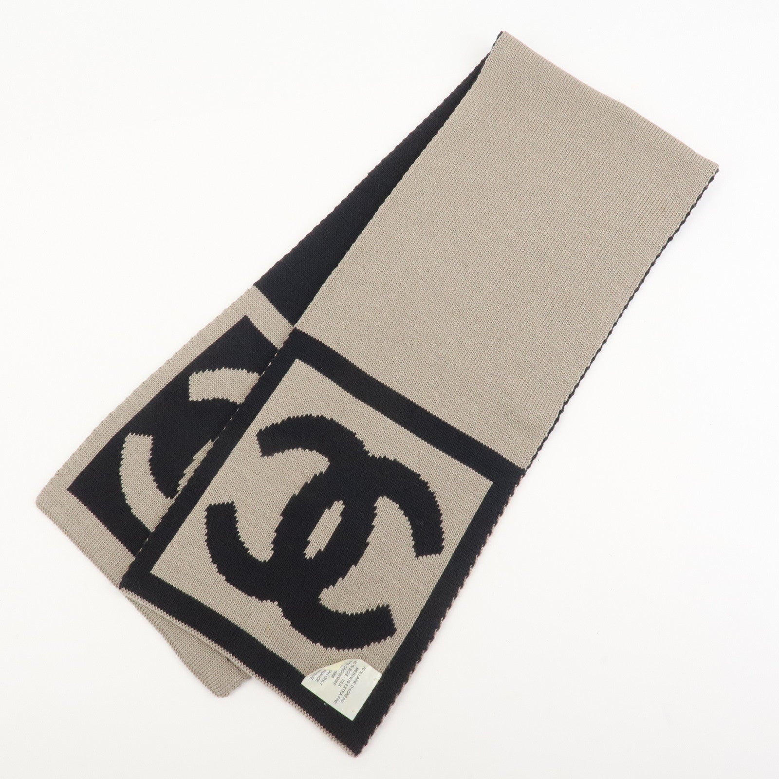 CHANEL COCO Mark Cashmere Wool Silk Scarf Black Brown