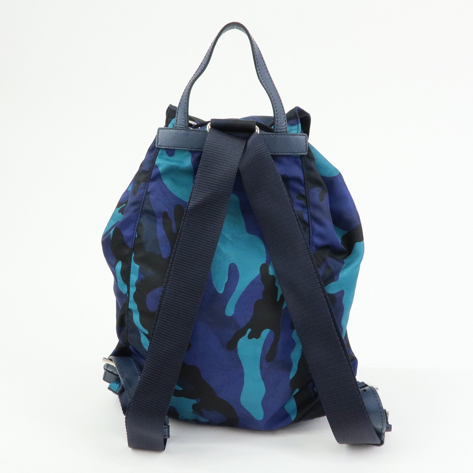 PRADA Triangle Logo Nylon Leather Backpack Camouflage Motif Blue