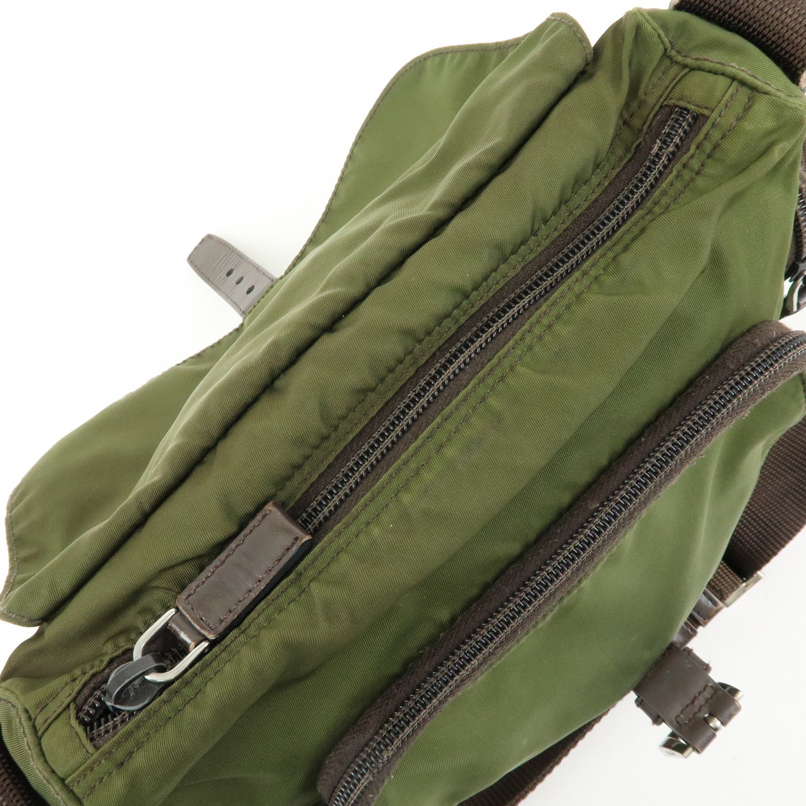 PRADA Triangle Logo Nylon Leather Shoulder Bag Khaki Brown