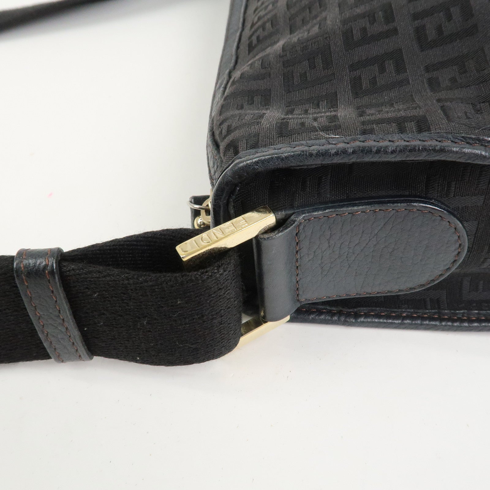 FENDI Zucchino Canvas Leather Shoulder Crossbody Bag Black 8BT090