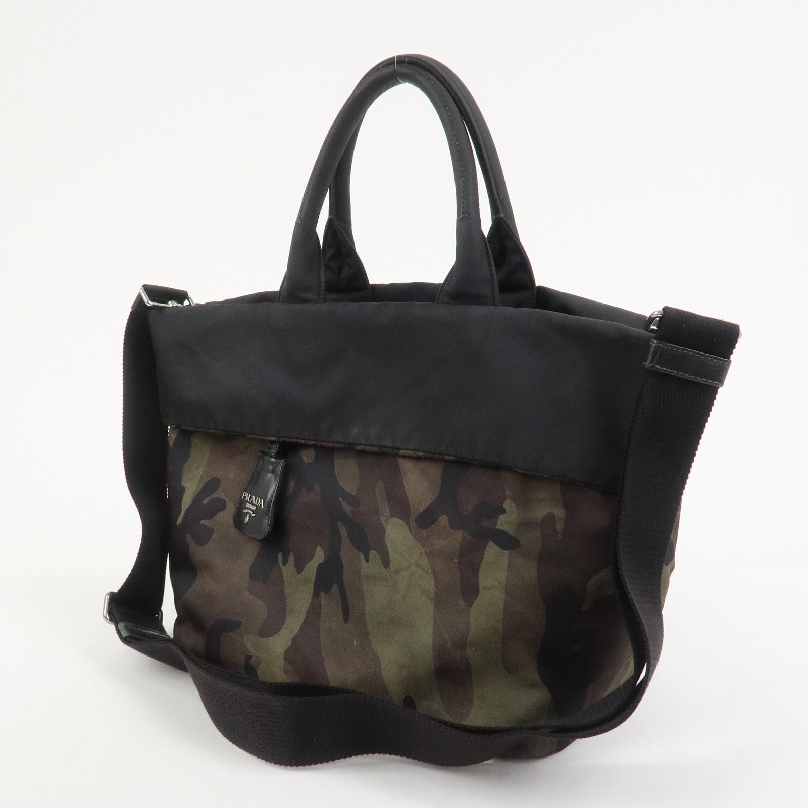 PRADATriangle Logo Nylon 2Way Hand Shoulder Bag Black Khaki BN1959