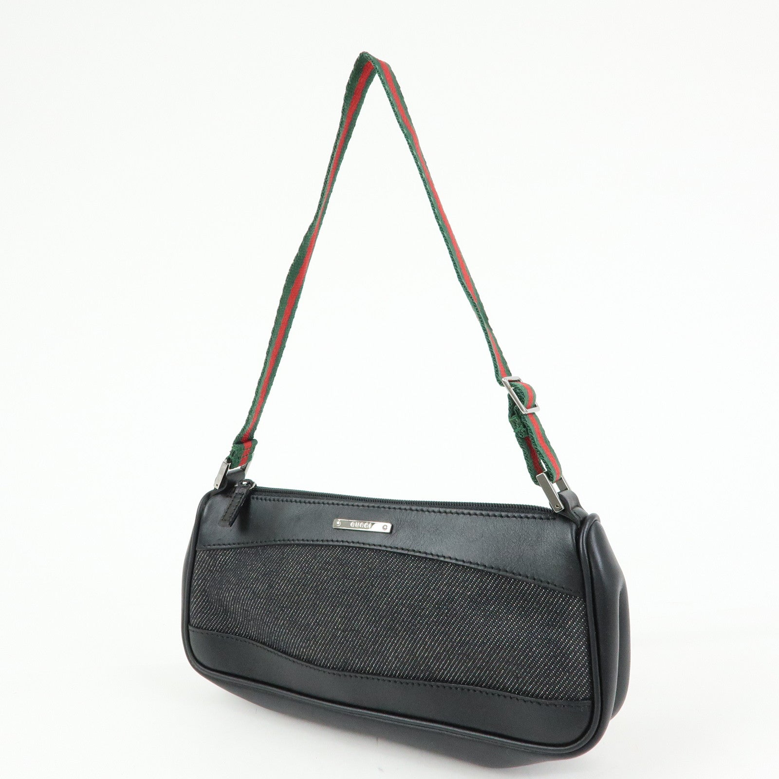 GUCCI Sherry Denim Leather Accessory Pouch Hand Bag Black 92820