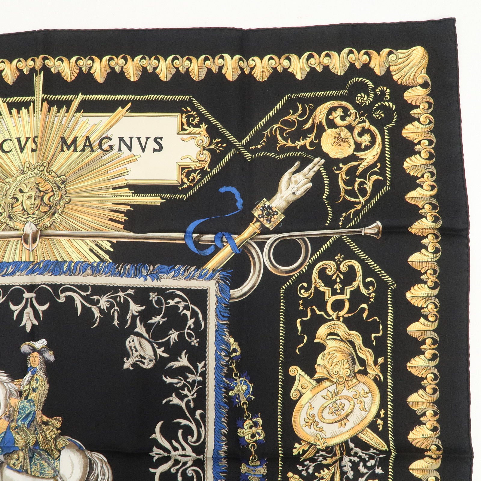 HERMES Carre 90 Silk 100% Scarf LVDOVICVS MAGNVS Black Yellow