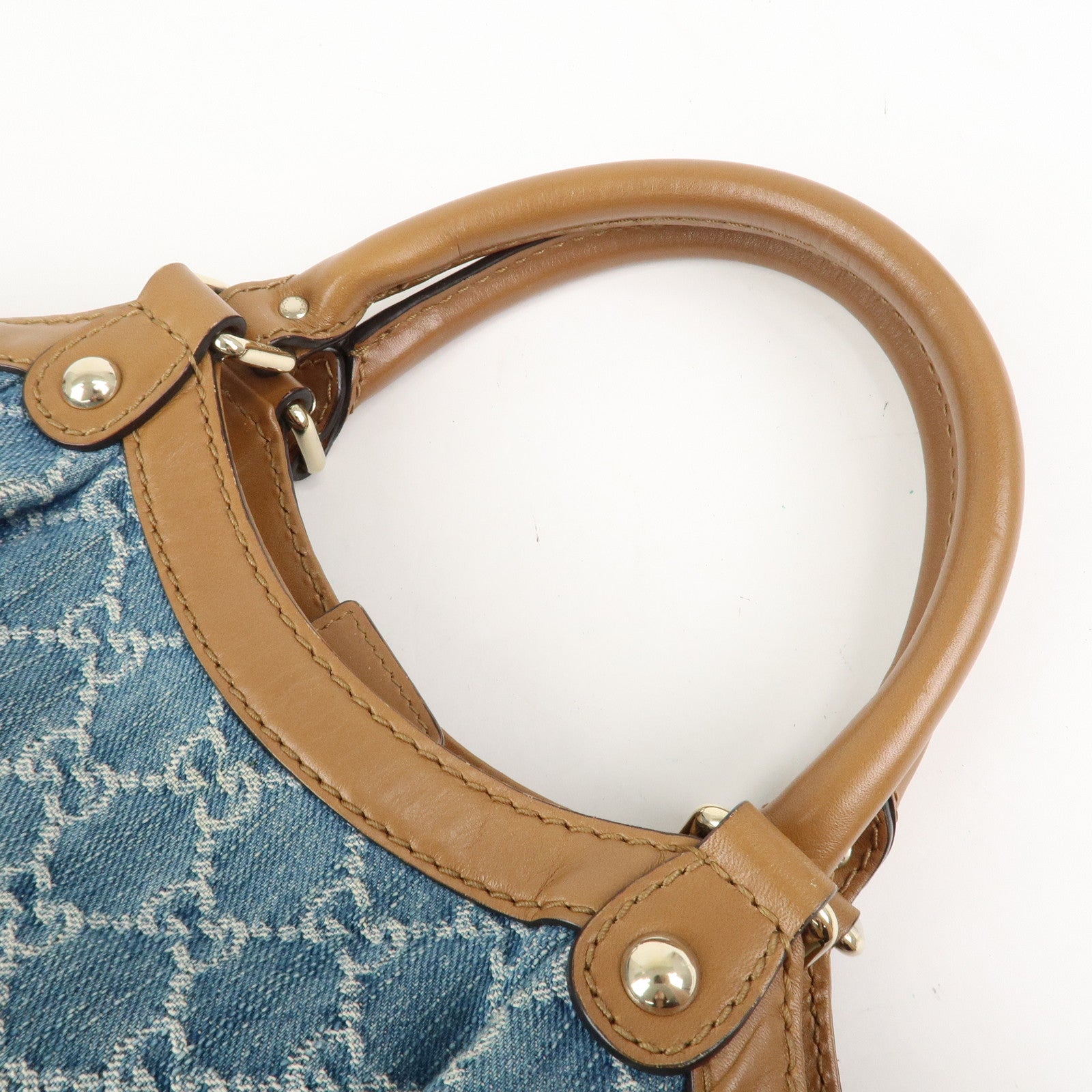 GUCCI Sukey GG Denim Leather Tote Bag Hand Bag Blue Brown 211944