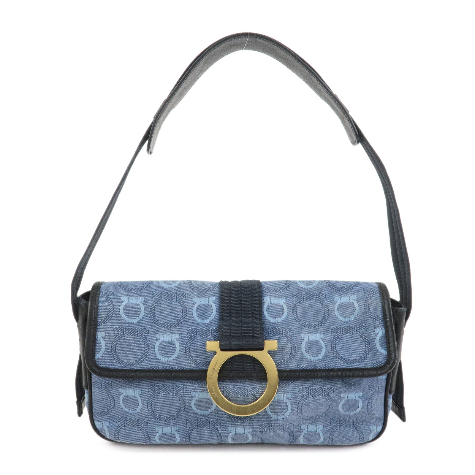 Ferragamo Gancini Canvas Leather Shoulder Bag Navy Black