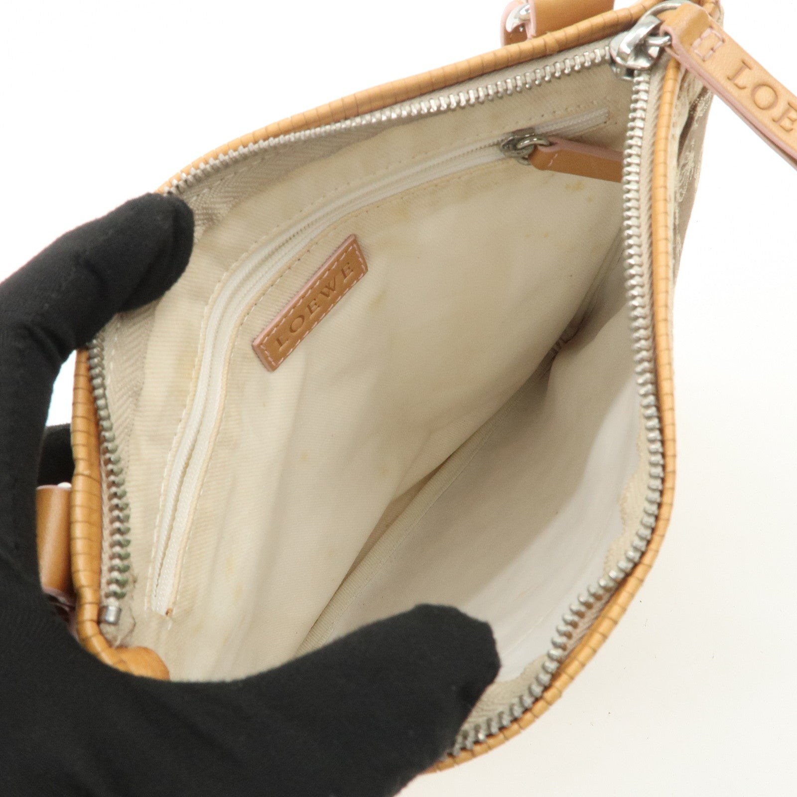LOEWE Anagram Leather Canvas Shoulder bag Beige Silver HDW