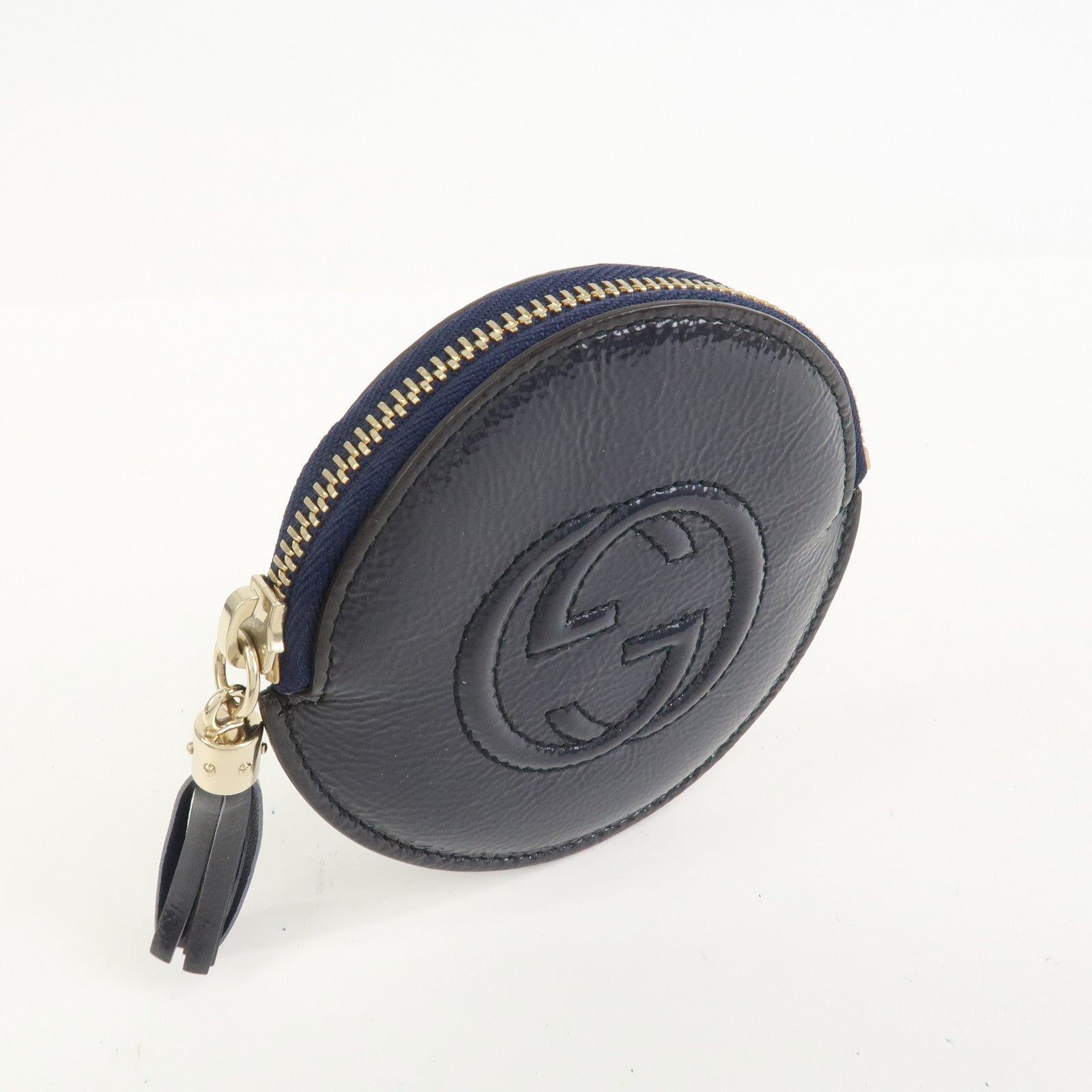 GUCCI Interlocking G Patent Leather Coin Case Navy  337946