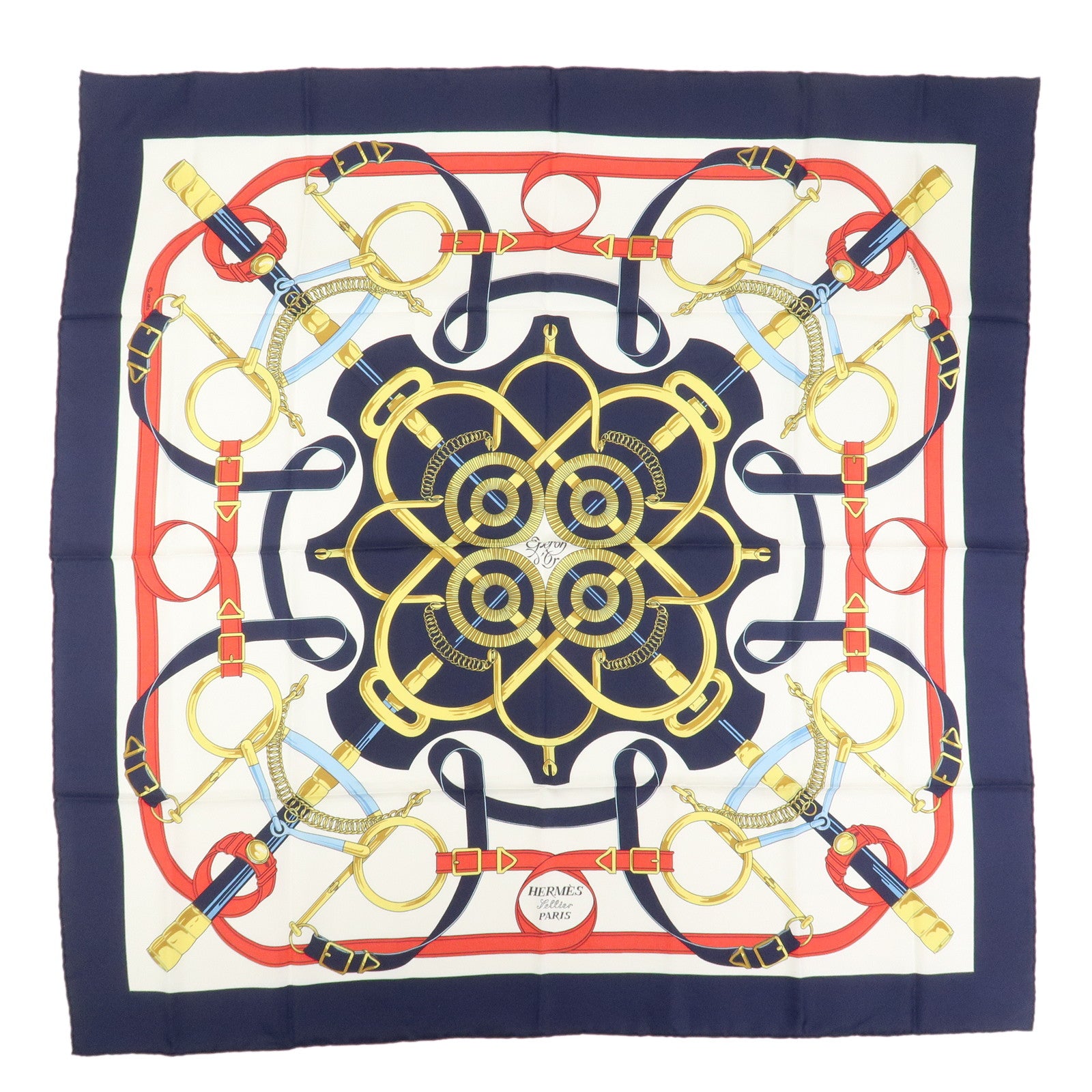 HERMES Carre 90 Silk 100% Scarf Eperon d'or Navy White