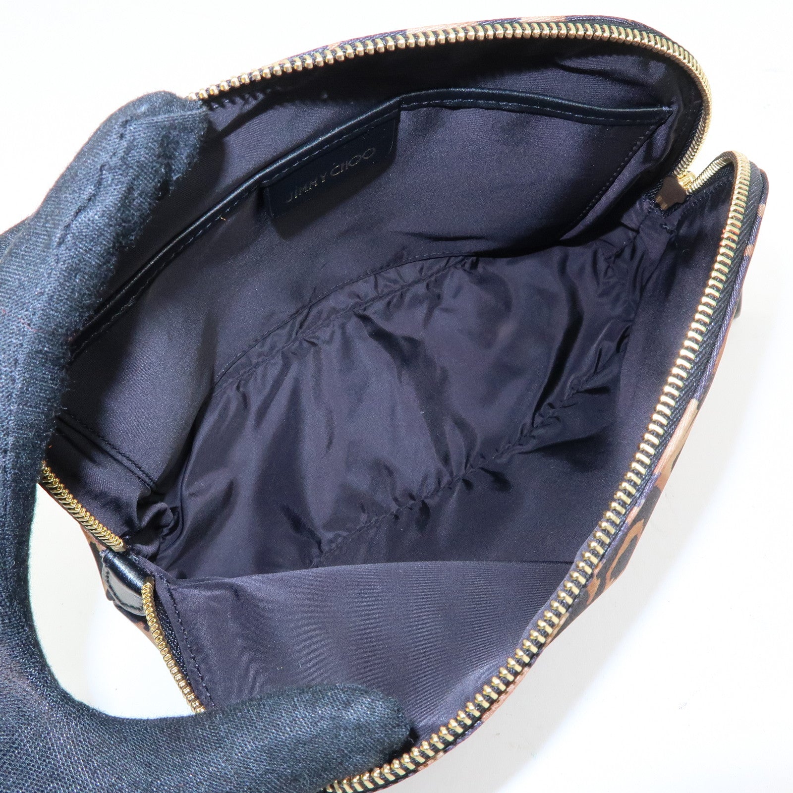 JIMMY CHOO Nylon Leather Leopard Clutch Pouch Makeup Bag Brown