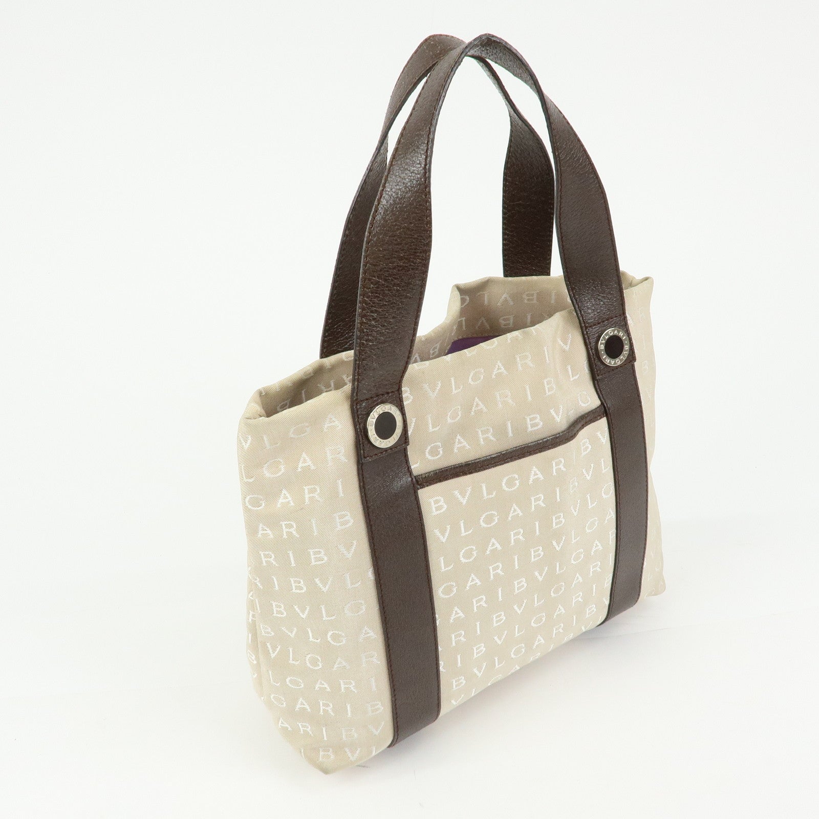 BVLGARI Logo Mania Canvas Leather Tote Bag Hand Bag Beige Brown