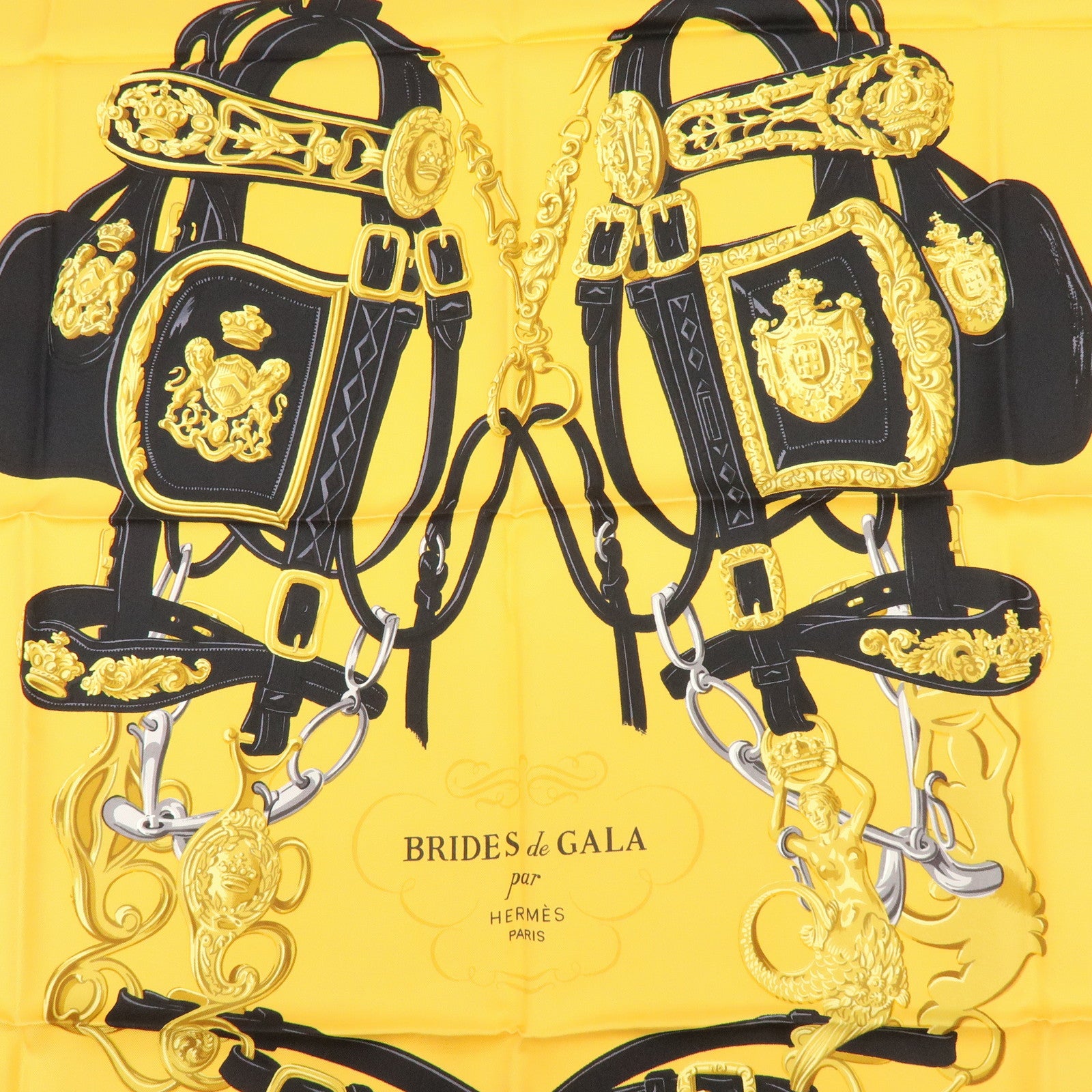 HERMES Carre 90 Silk 100% Brides de Gala Scarf Black Yellow