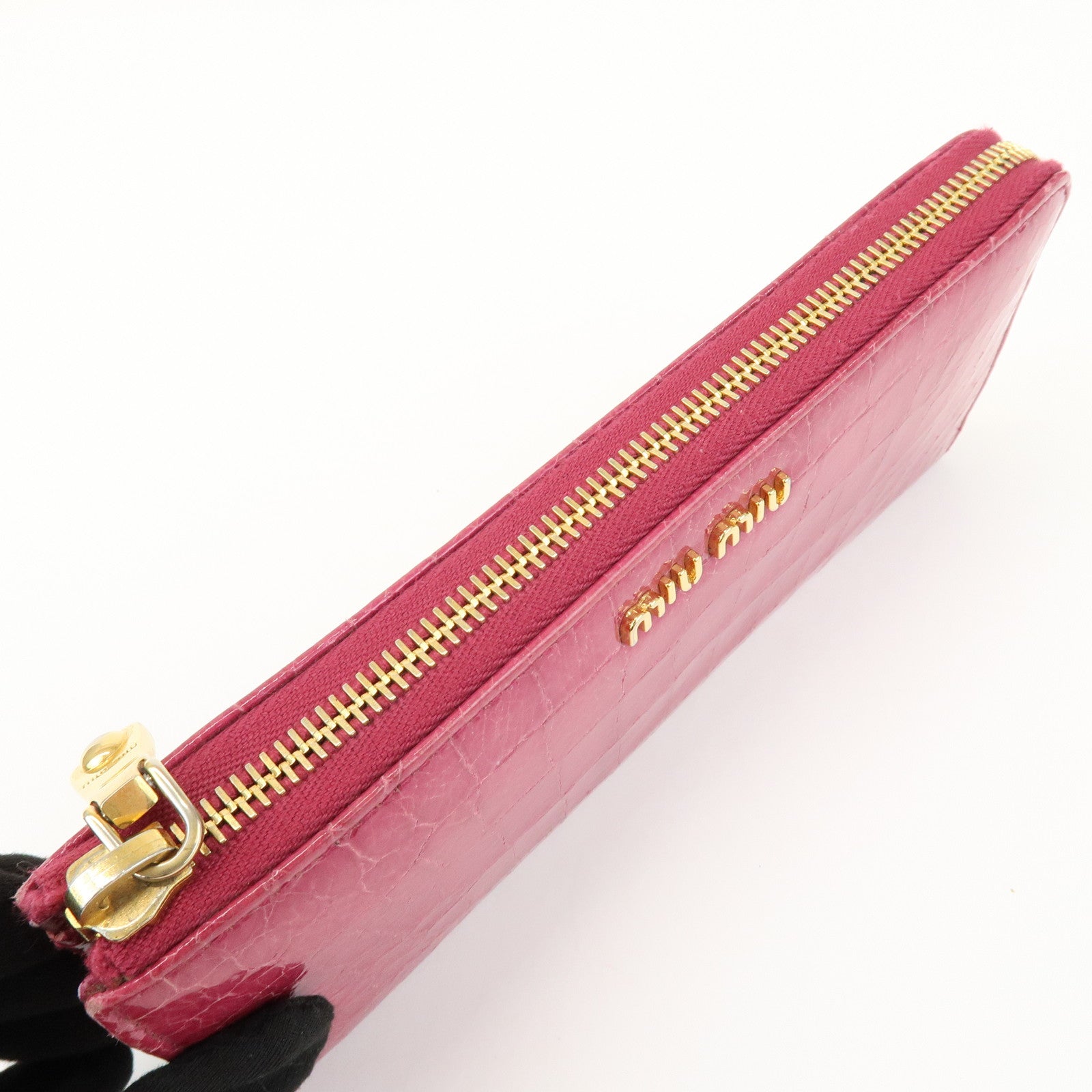 MIU MIU Logo Embossed Leather Zippy Long Wallet Pink Gold