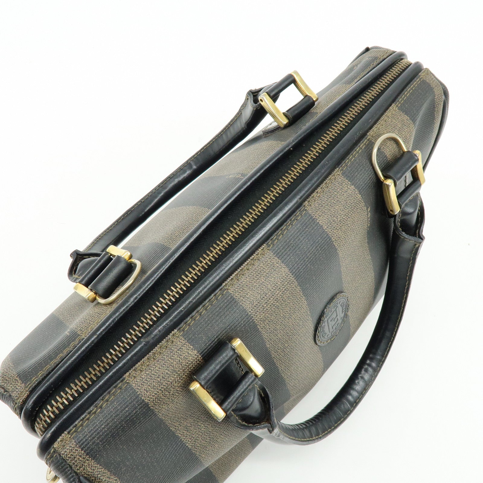 FENDI Pequin PVC Leather Boston Bag Hand Bag Black Brown