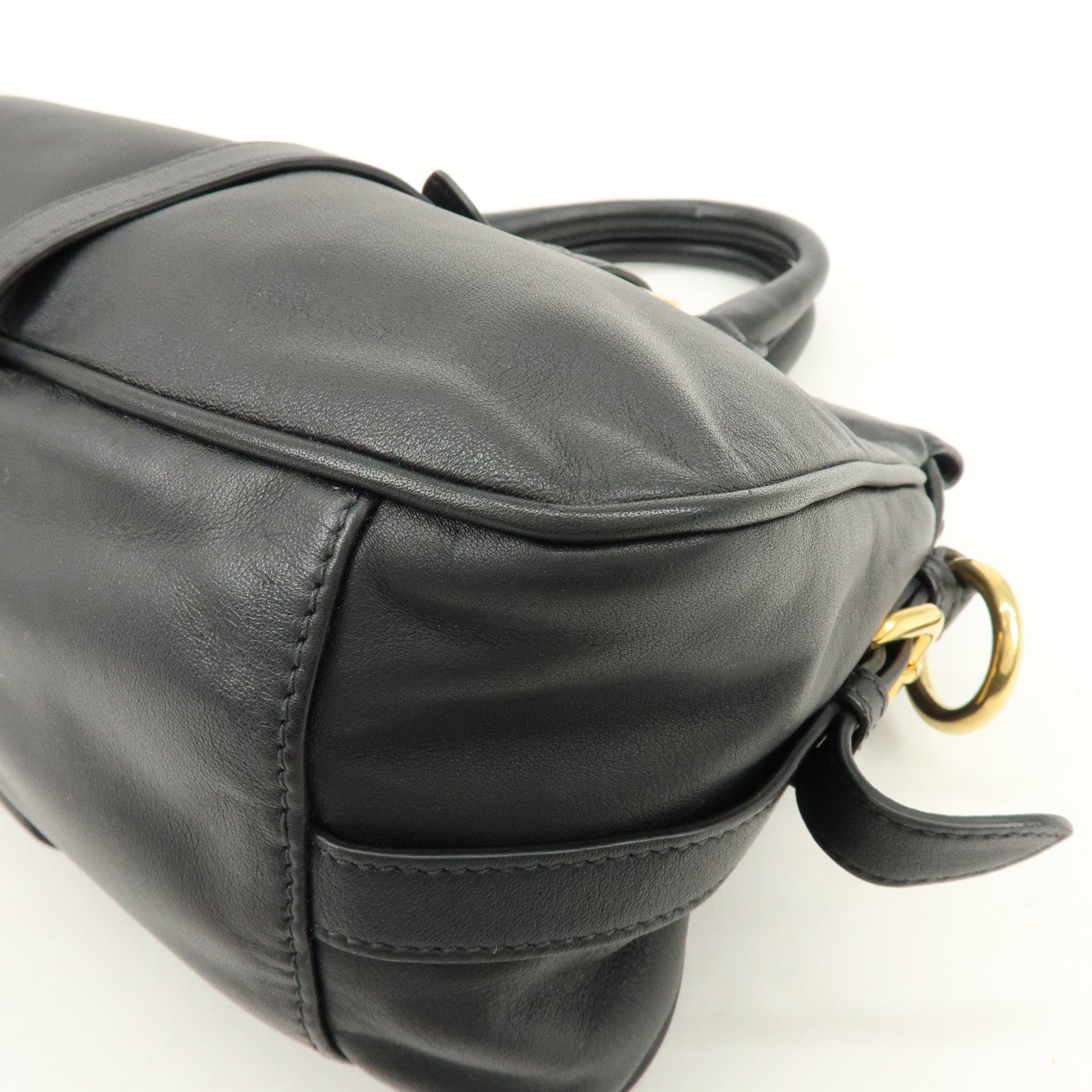 PRADA Logo Leather 2Way Bag Hand Bag Shoulder Bag Black Gold BN1903