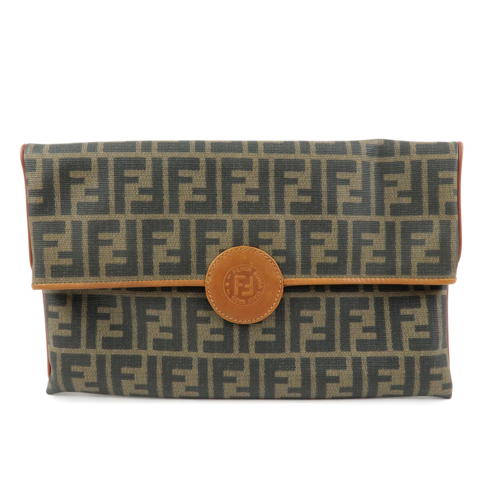 FENDI Zucca PVC Coated Canvas Leather Clutch Bag Brown 2487133