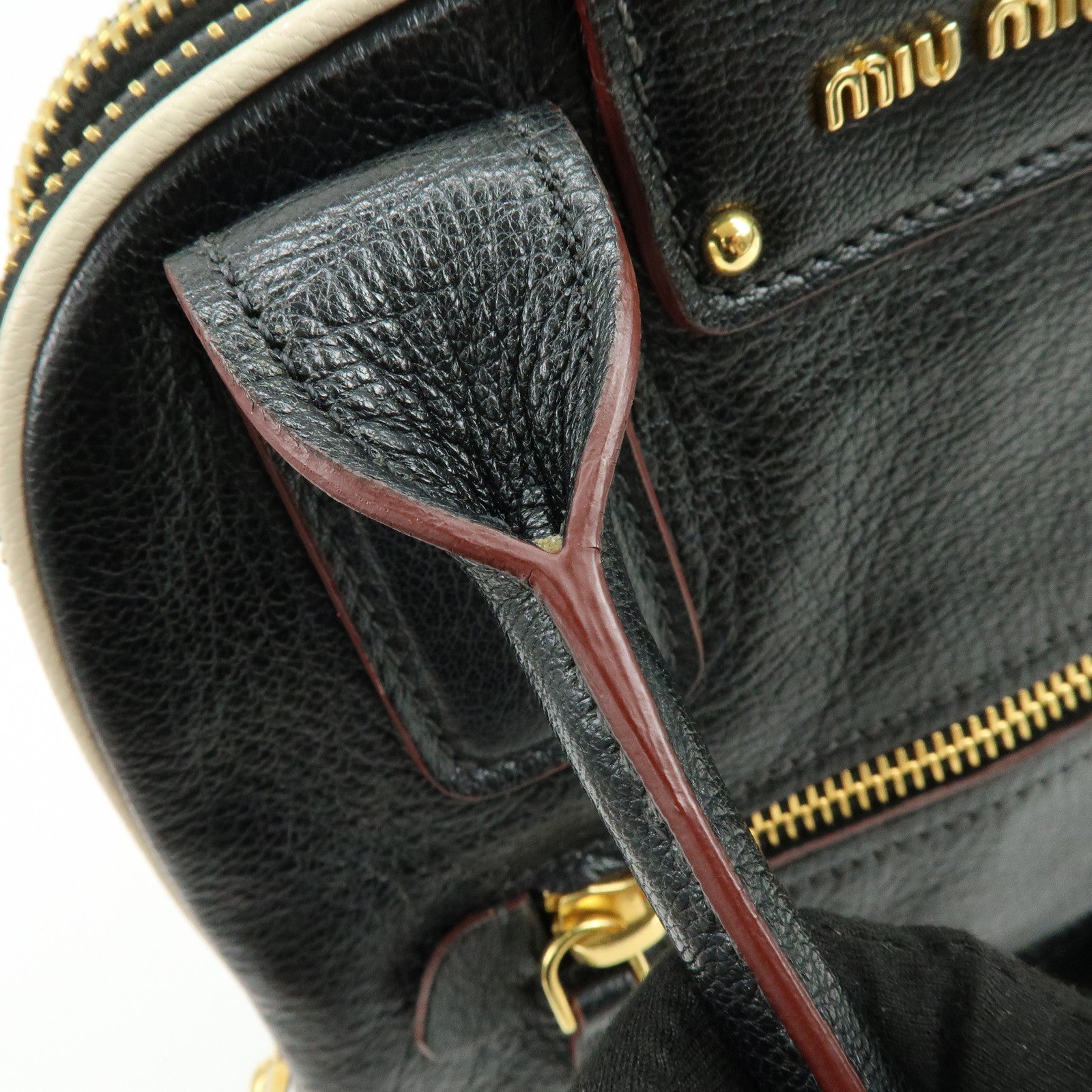 MIU MIU Logo Madras Leather 2Way Bag Hand Bag Shoulder Bag Black