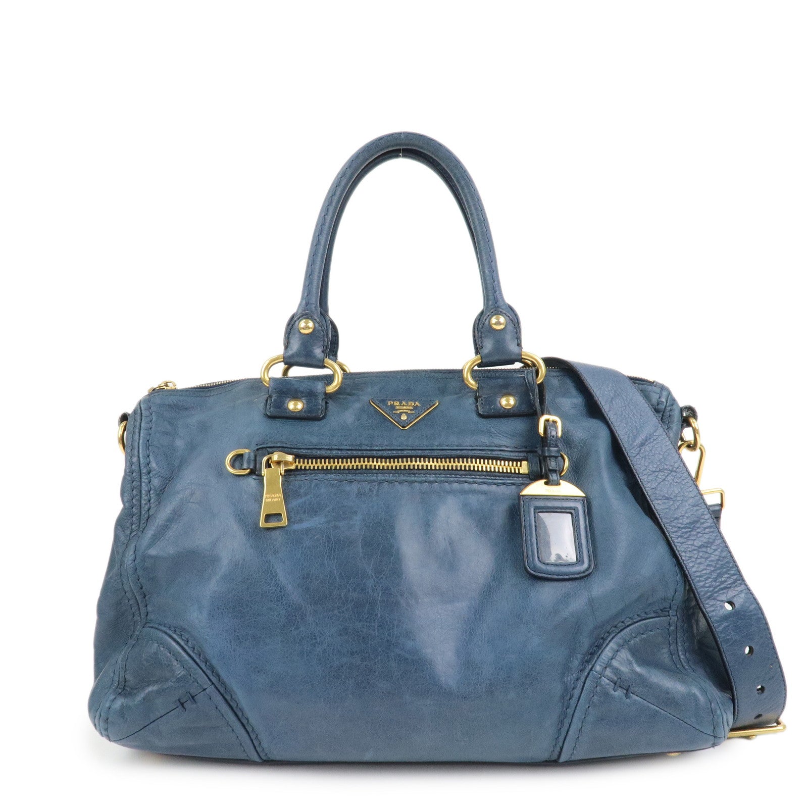 上品コーデはコレで安心！ Leather Logo PRADA 2Way BL0678 Blue Bag Hand Bag Shoulder Bag バッグ