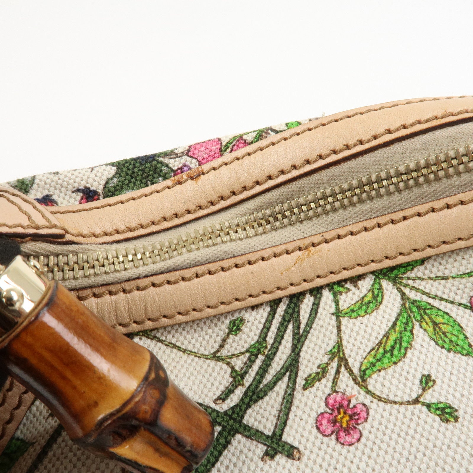 GUCCI Bamboo Canvas Leather Shoulder Bag Flora Ivory Pink 137383