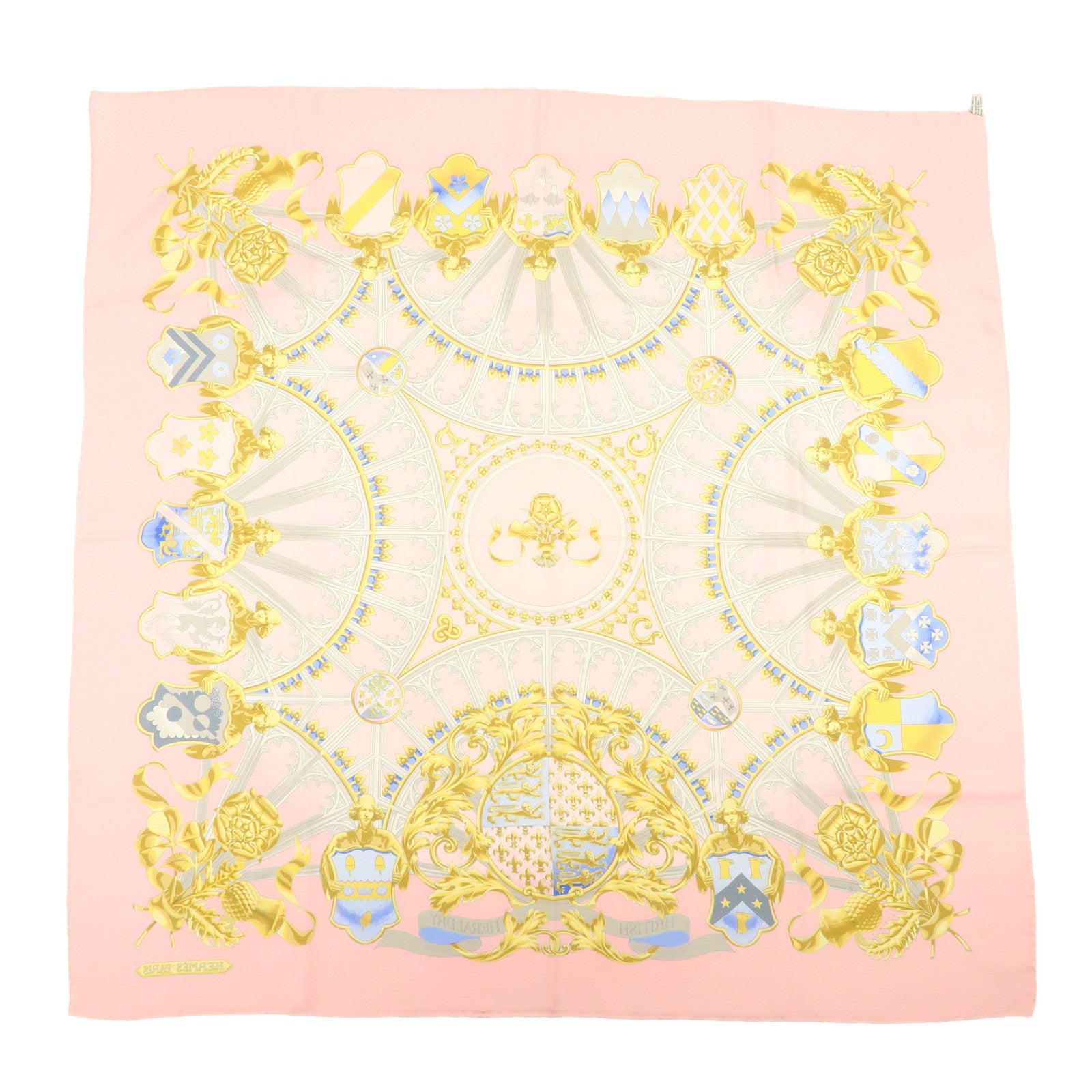 HERMES Carre 90 Silk 100% Scarf BRITISH HERALDRY Light Pink Gold