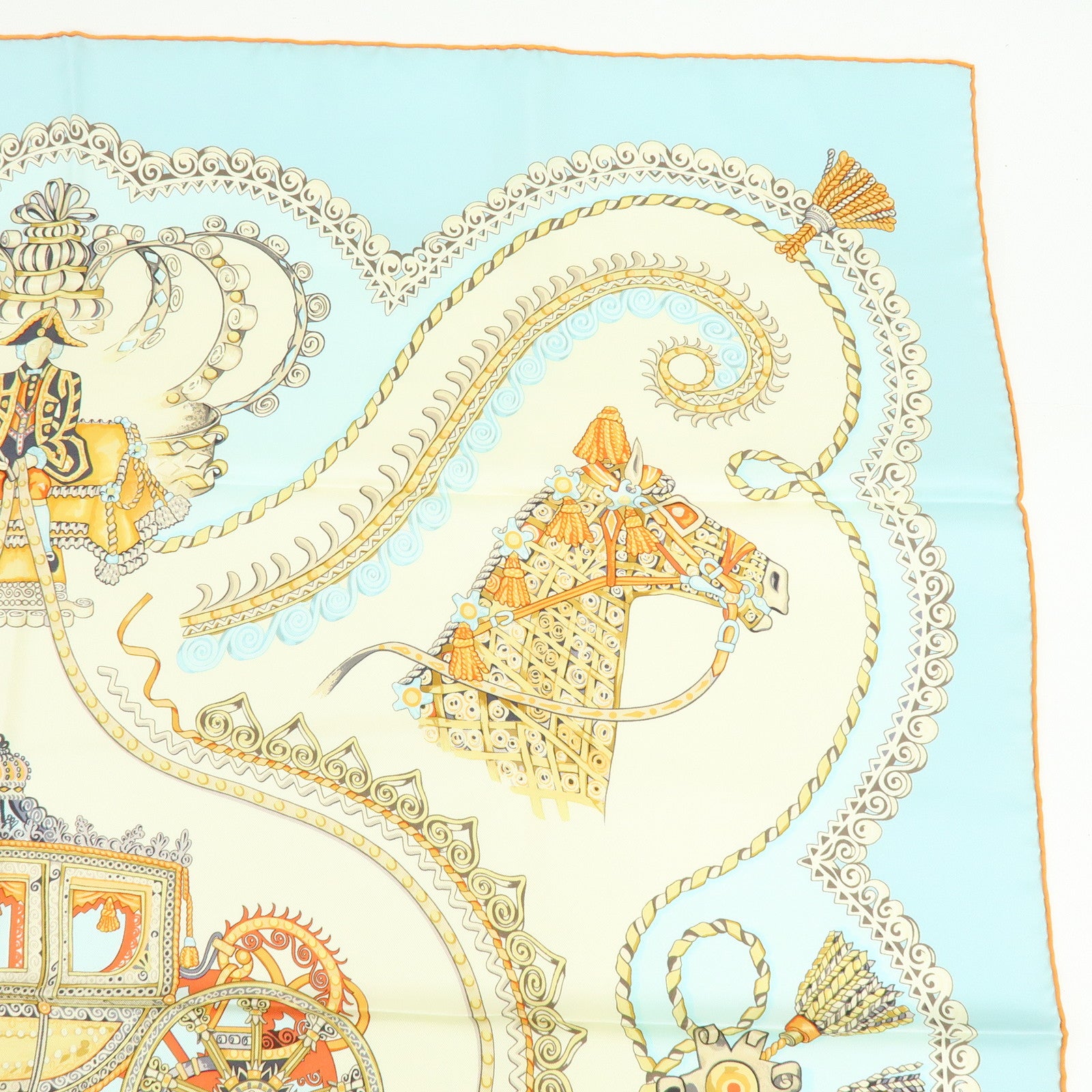 HERMES Carre 90 Silk 100% PAPEROLLES Scarf Light Blue Ivory
